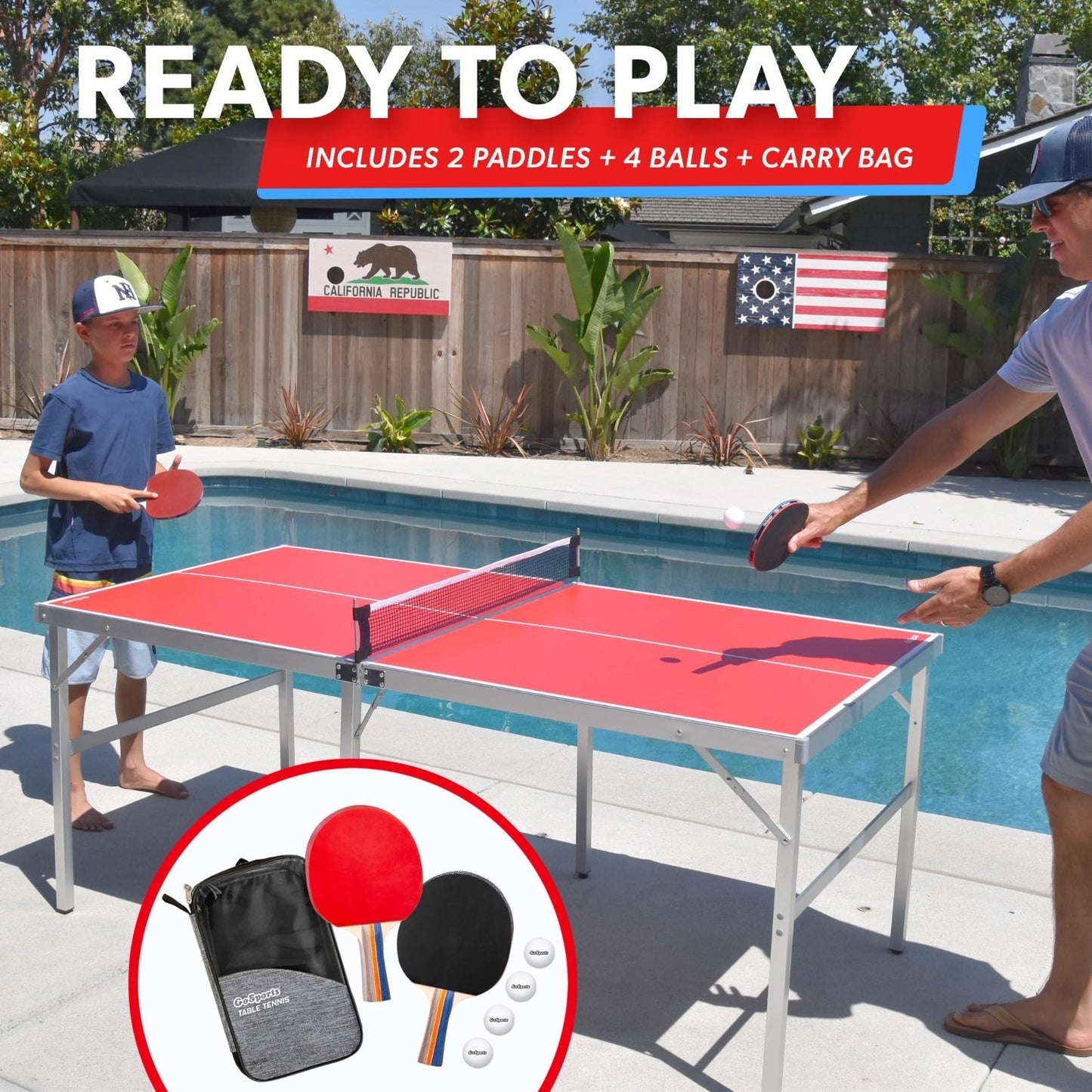 Portable Indoor/Outdoor Table Tennis Set - 2 Paddles, 4 Balls, Net - Red/Blue4