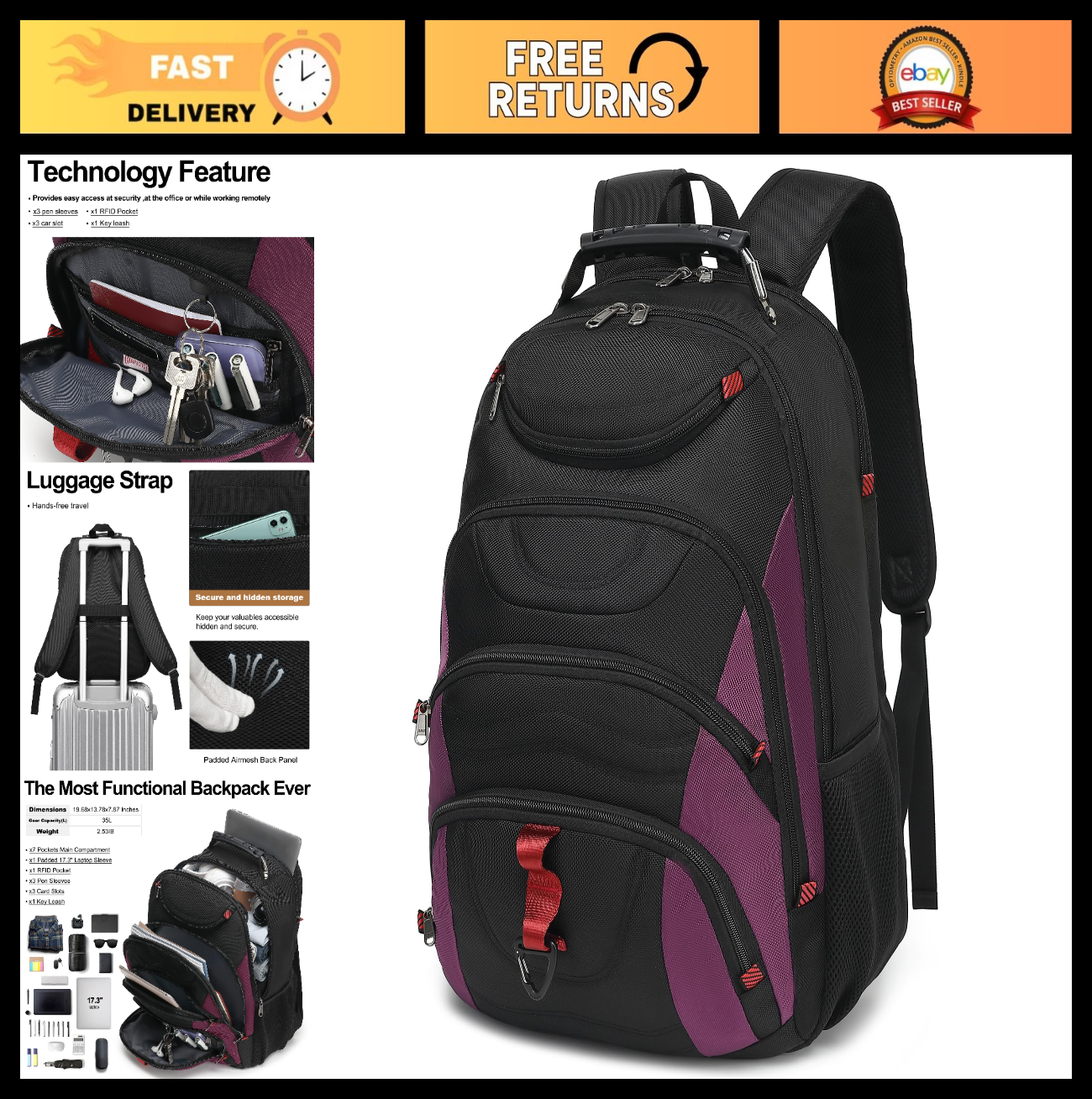 17.3" Waterproof Laptop Backpack with USB Port, Anti Theft Travel Bag, Casual Bo0