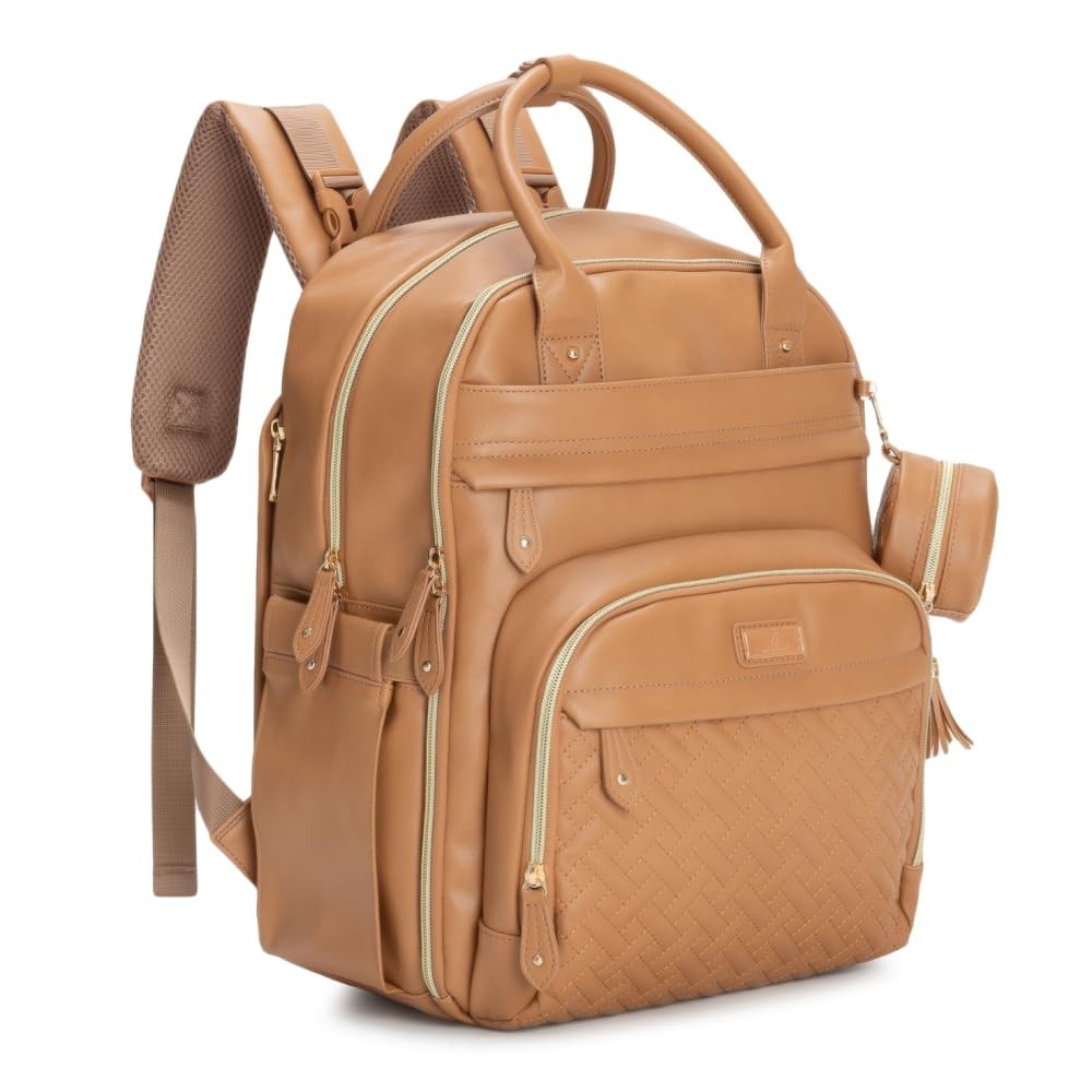 Multi Function Leather Diaper Bag Backpack   Water Resistant, Changing Pad, Stro1