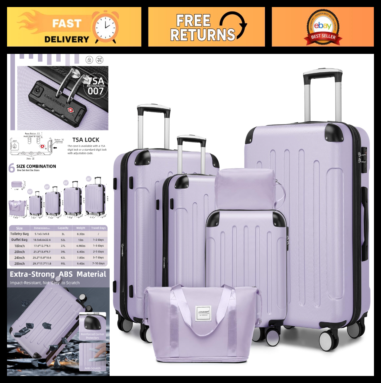 Expandable 6-Piece Luggage Set - Lavender Purple, Lightweight ABS, TSA Lock, 3600