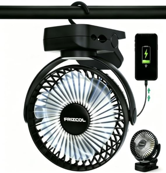 Portable Clip On Fan with 12000mAh Battery, LED Lights, Rechargeable, Ideal for1