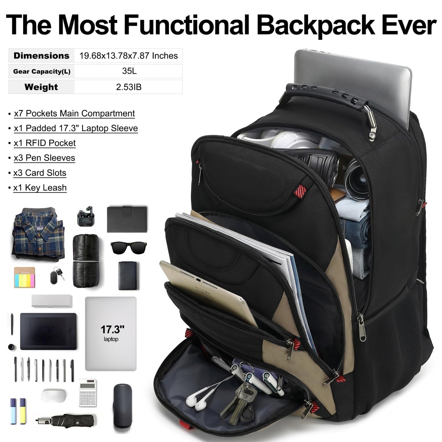 17.3" Waterproof Laptop Backpack with USB Port, Anti Theft Travel Bag for Work &4