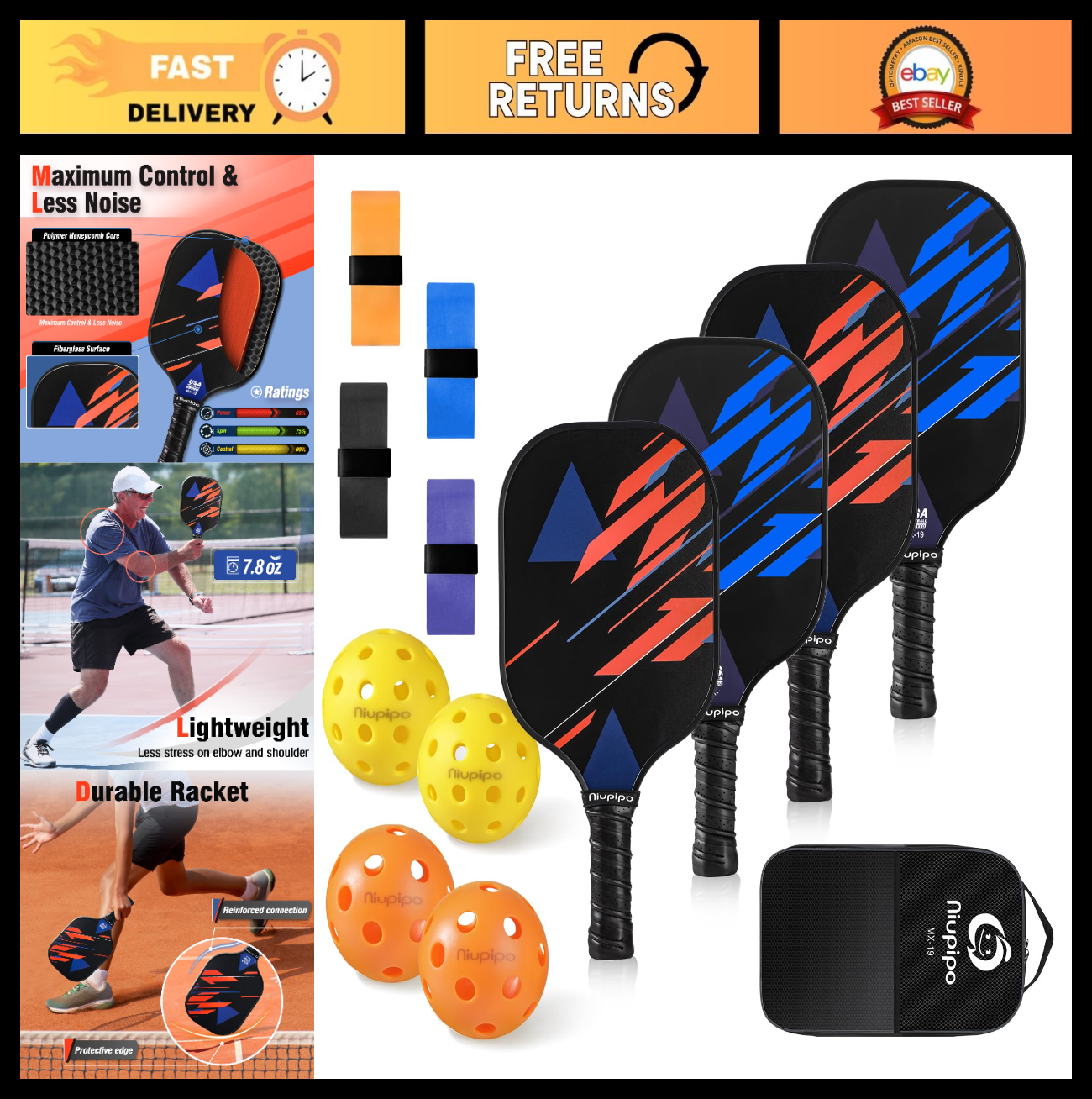 Pickleball Paddle Set of 2 or 4, USAPA Approved, Lightweight Fiberglass with Bal0
