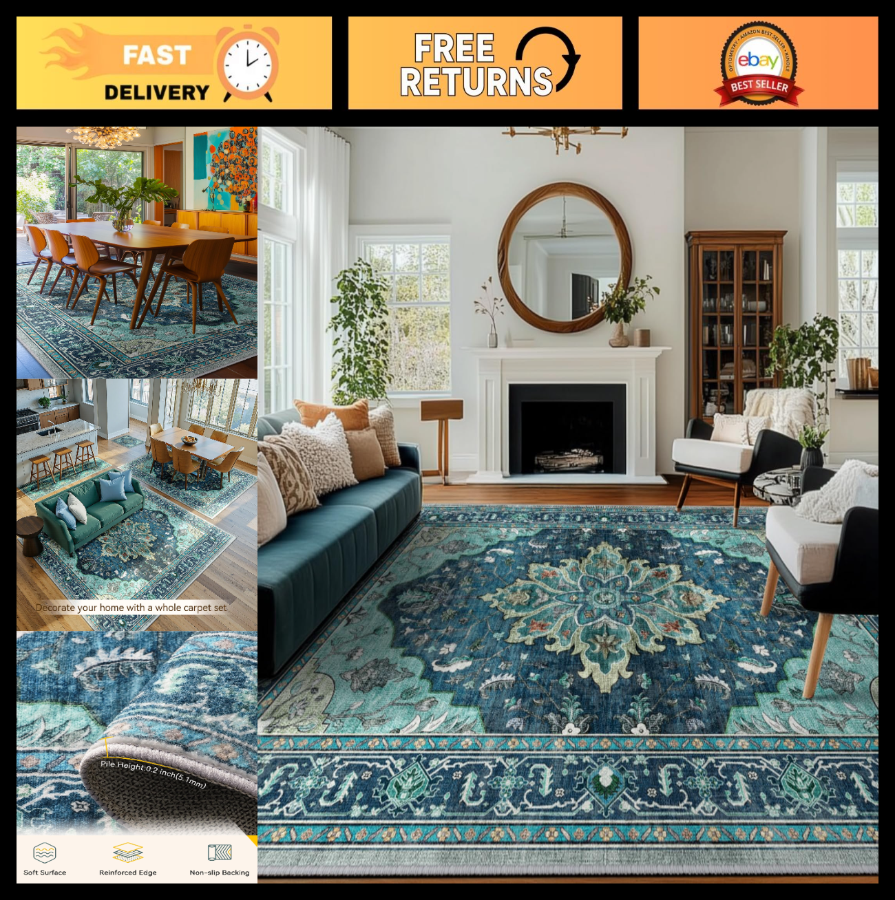 Washable 8'x10' Area Rug   Teal Vintage Floral Boho, Non Slip, Water Repellent,0