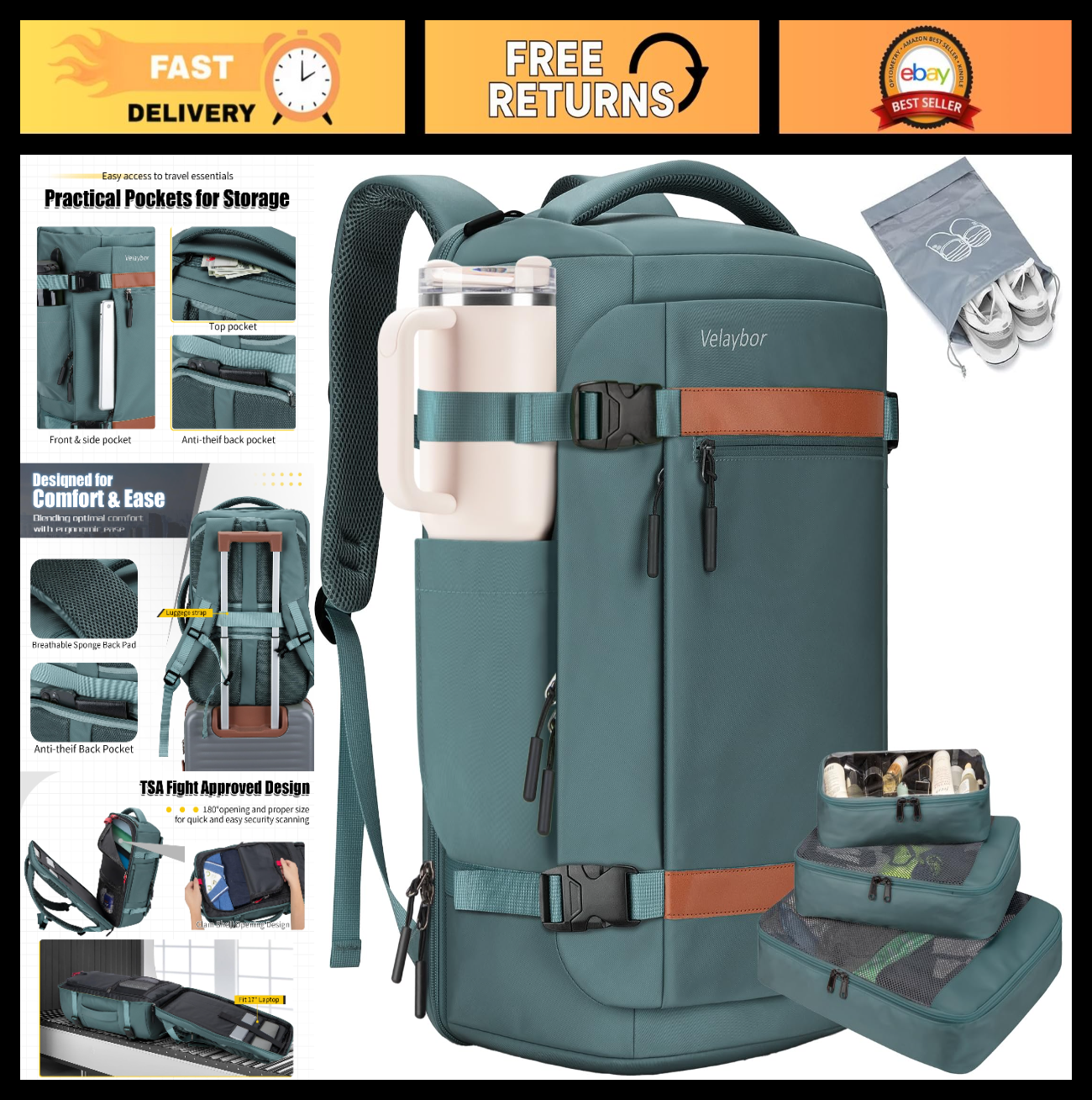 42L Travel Backpack with 4 Packing Cubes, TSA Approved, Water-Resistant, Fits 170