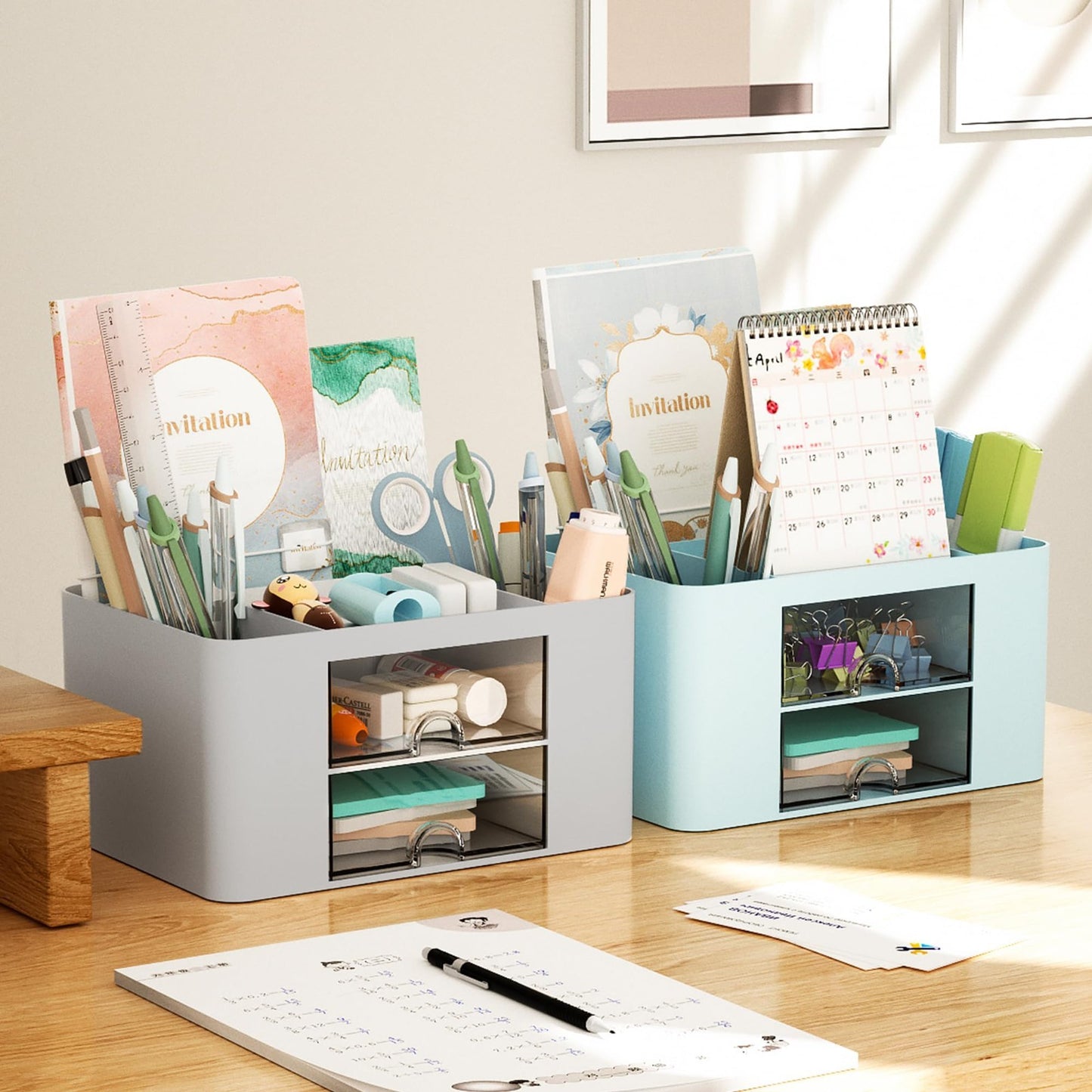Multi Functional Desk Organizer with 2 Drawers, 5 Compartments, Pencil Holder, G4