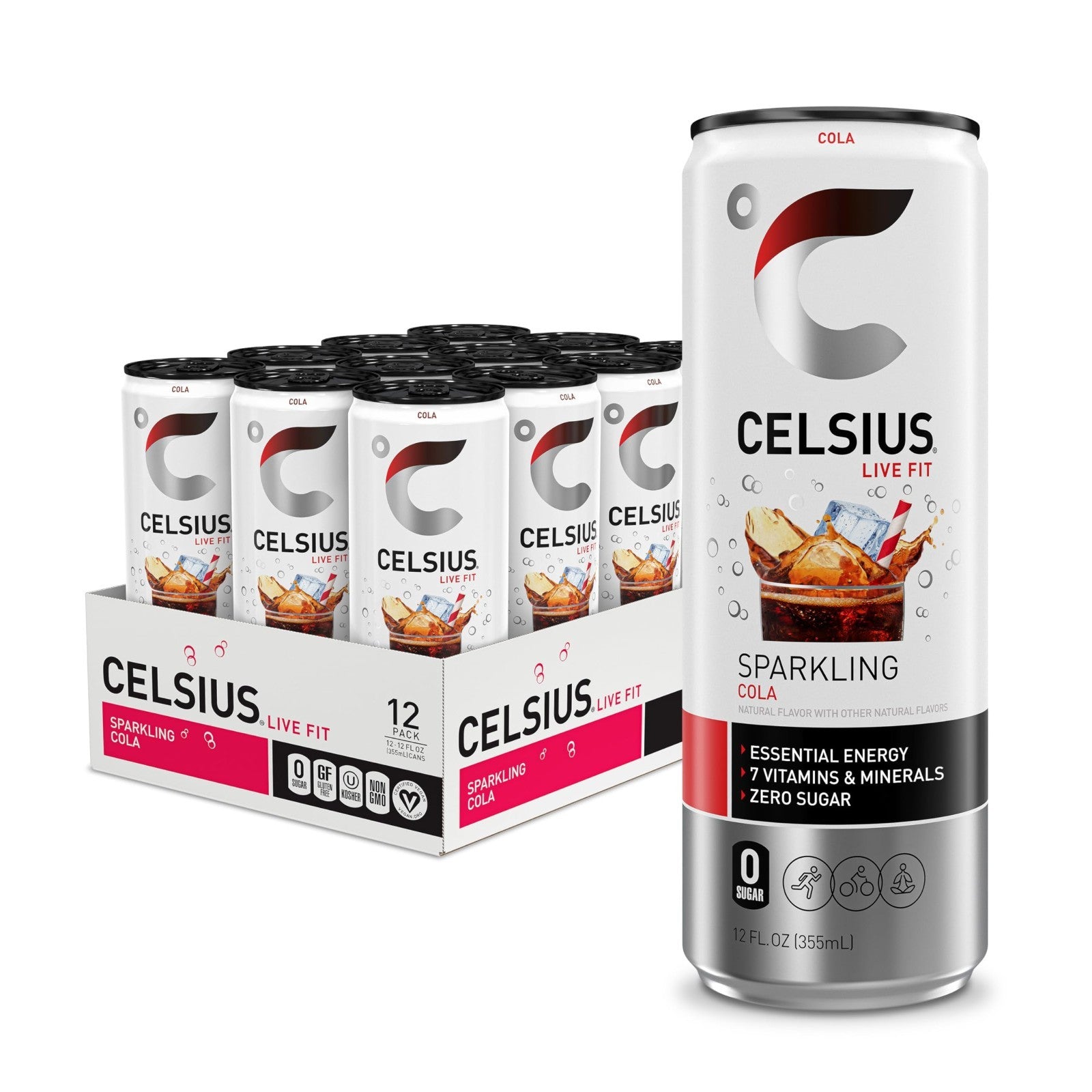 Sugar Free Sparkling Cola Energy Drink, 12 Fl Oz, Pack of 12 Cans, Refreshing Bo0