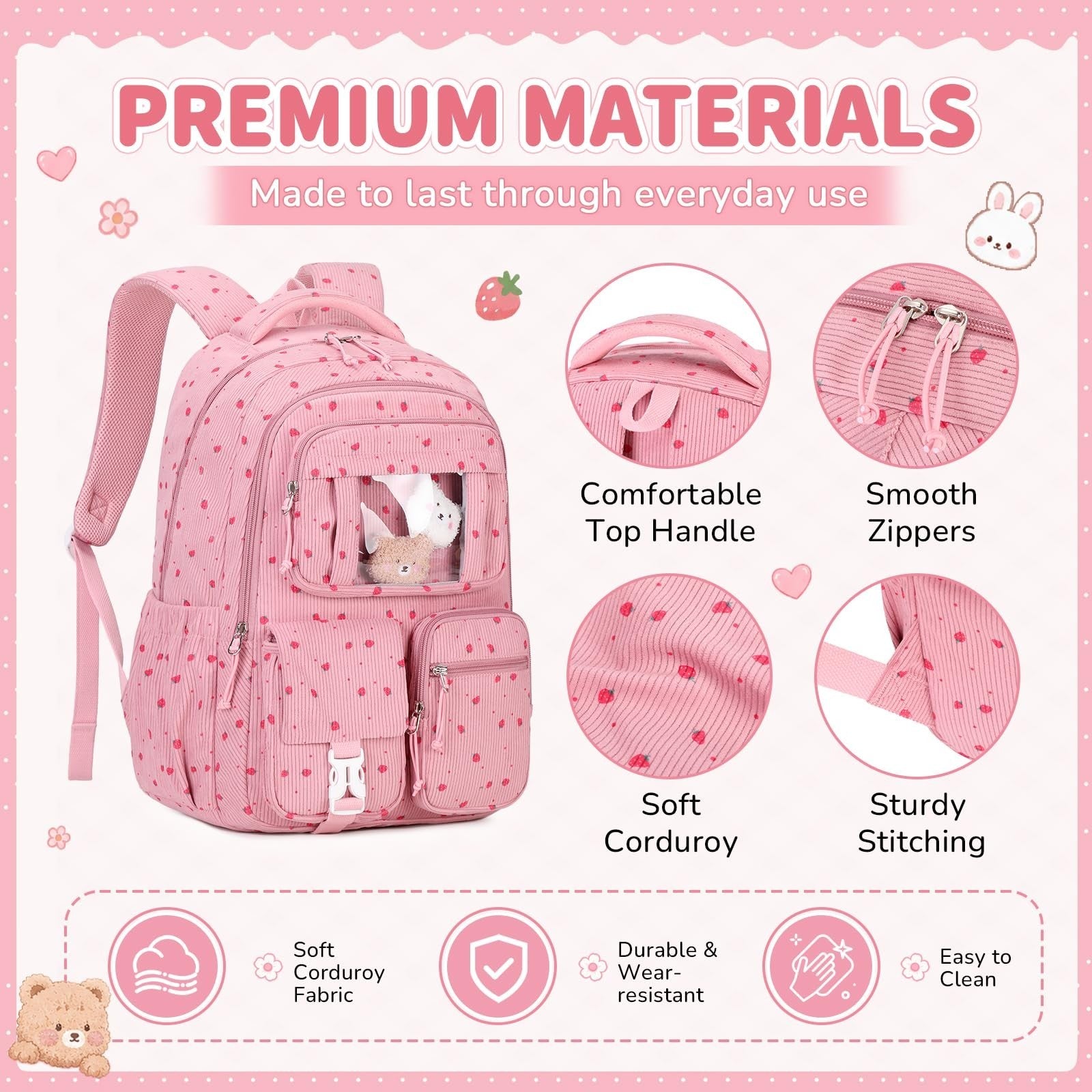 Cute Kawaii Corduroy Backpack Set for Girls - 3PCS School Bag, Lunch Box & Penci4