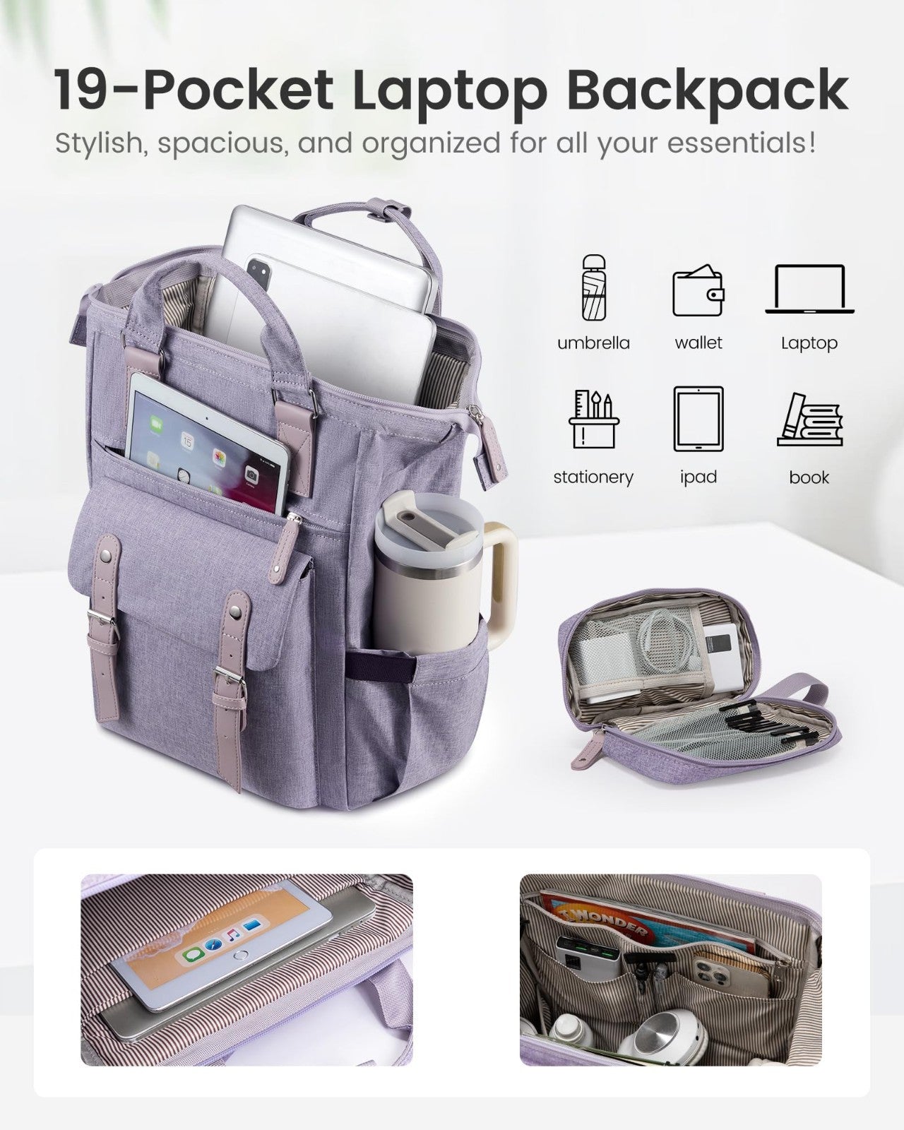 Stylish 15.6" Laptop Backpack for Women, Waterproof Travel Bag, Anti Theft, Purp4