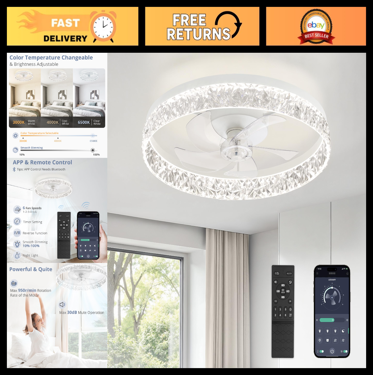 22" LED Ceiling Fan with Lights & Remote | Dimmable, 6 Speeds, Flush Mount, Time0