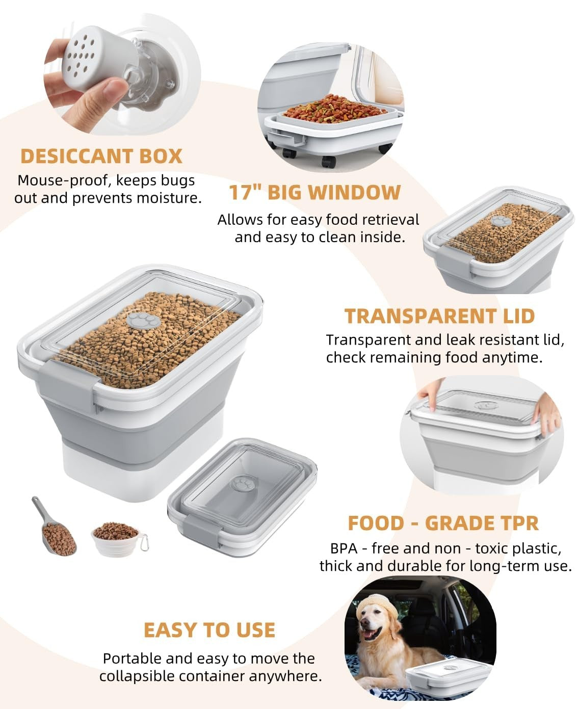 Airtight Dog Food Storage Container 10 13Lbs, Collapsible Pet Food Bin, Easy Sea6