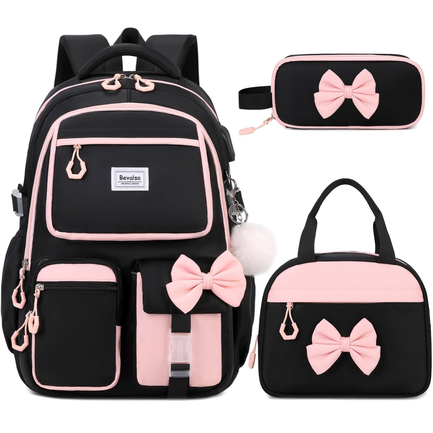 Cute Bow Backpack for Girls   School Bag Set with Lunch Bag & Pen Case1
