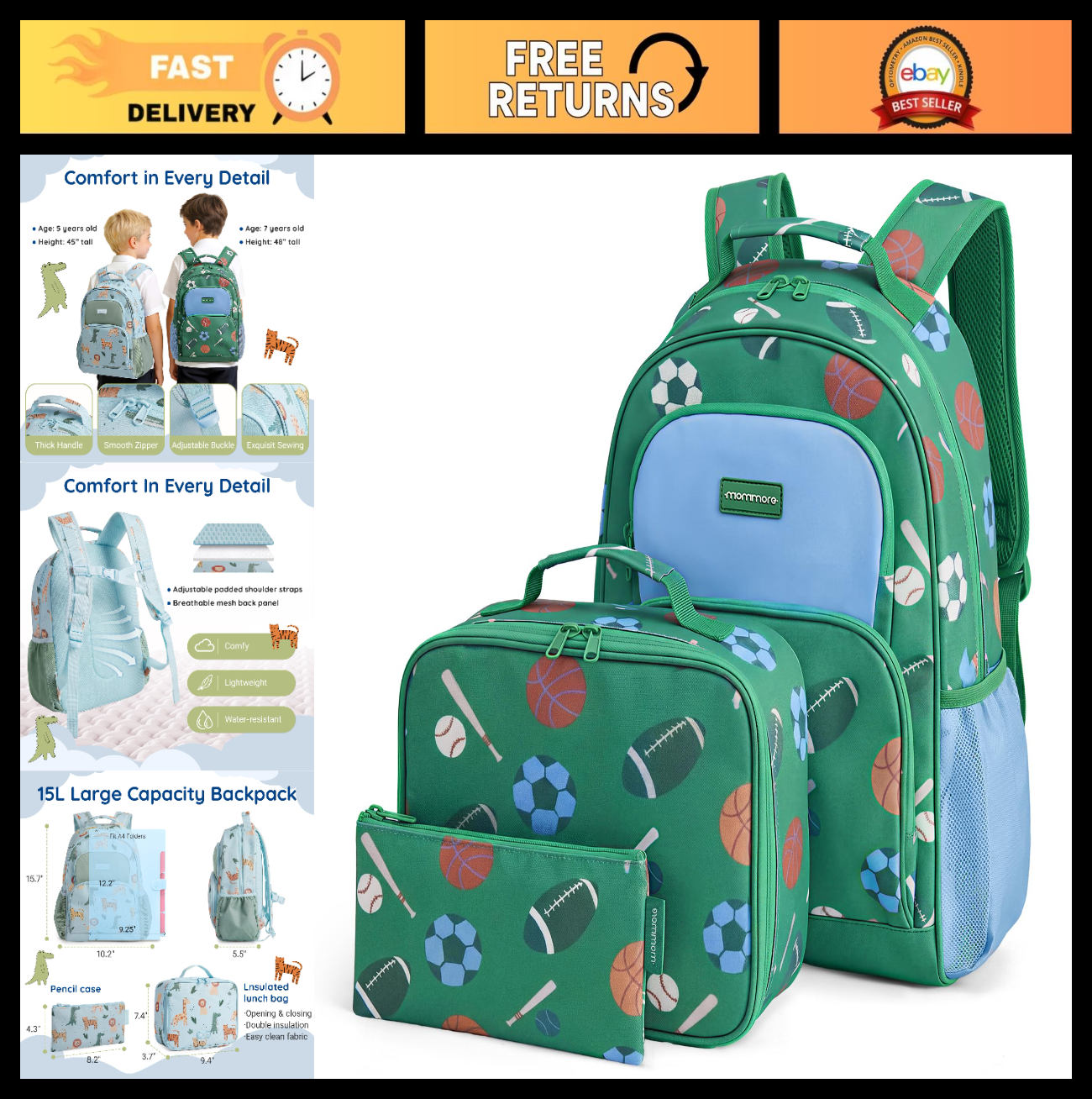Kids Backpack Set for Kindergarten & Preschool, 3-Piece with Lunch Box & Pencil0