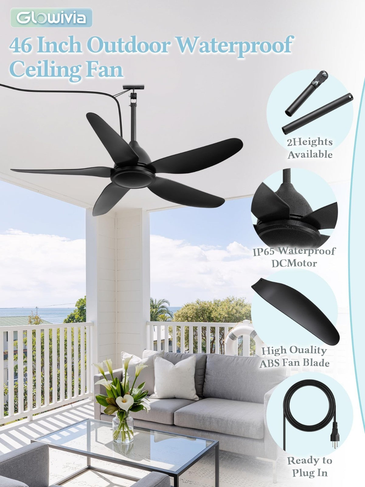 46" Waterproof Outdoor Ceiling Fan, Remote & APP Control, 6 Speeds, Reversible D3