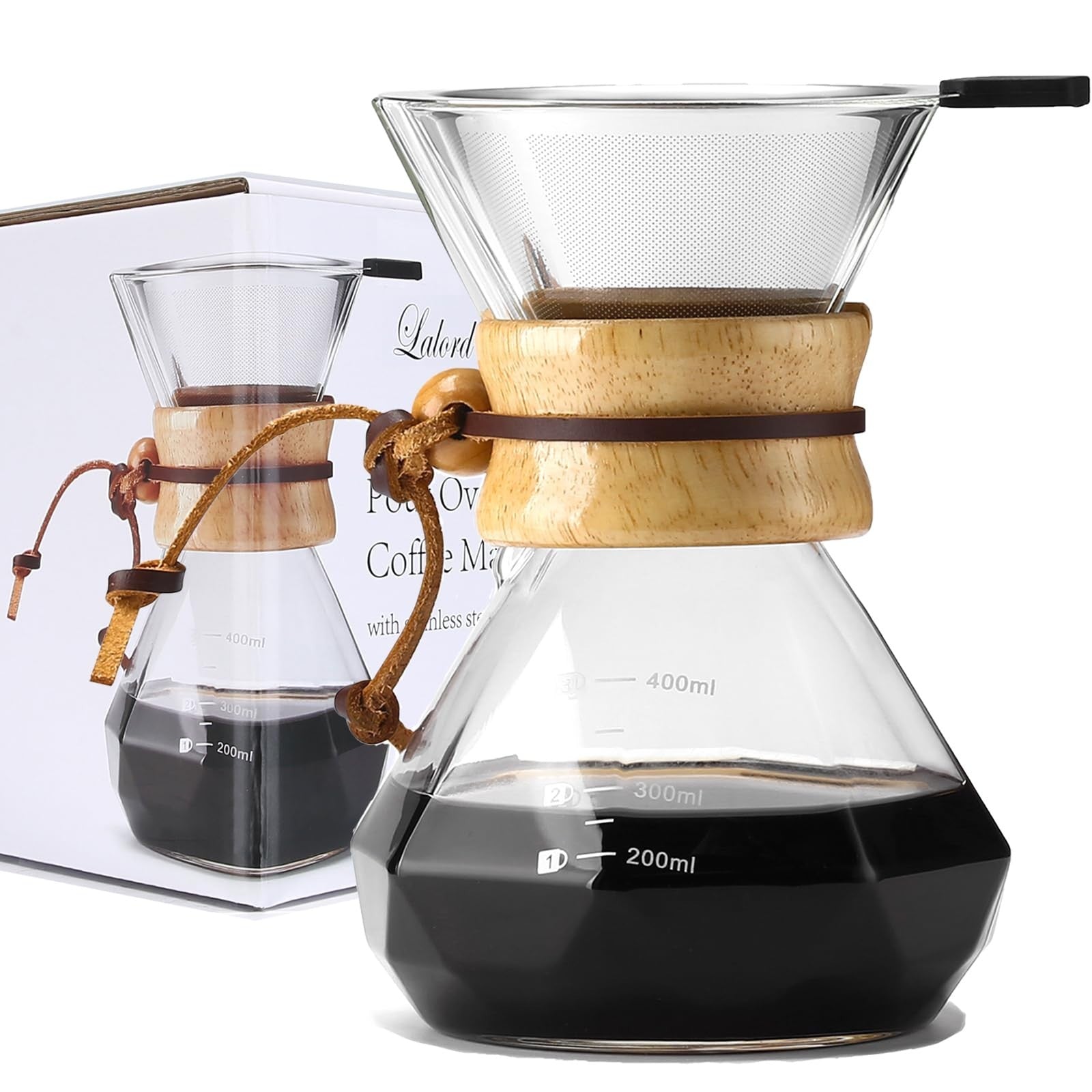 Pour Over Coffee Maker with Stainless Steel Filter & Glass Carafe, 2 Cups, 400ml1