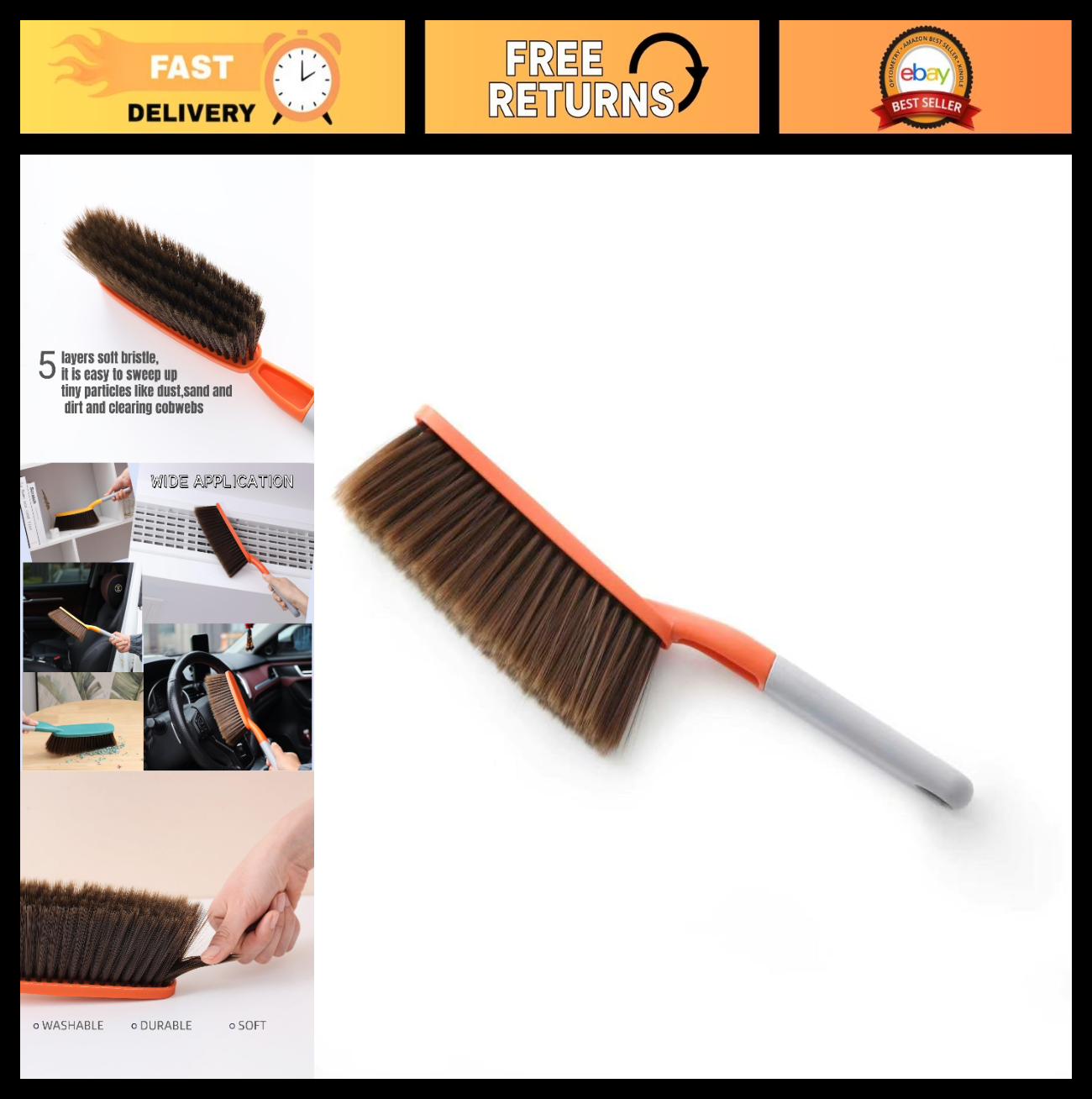 15" Hand Broom Brush - Soft Bristle Cleaning & Dusting Tool for Home & Car0