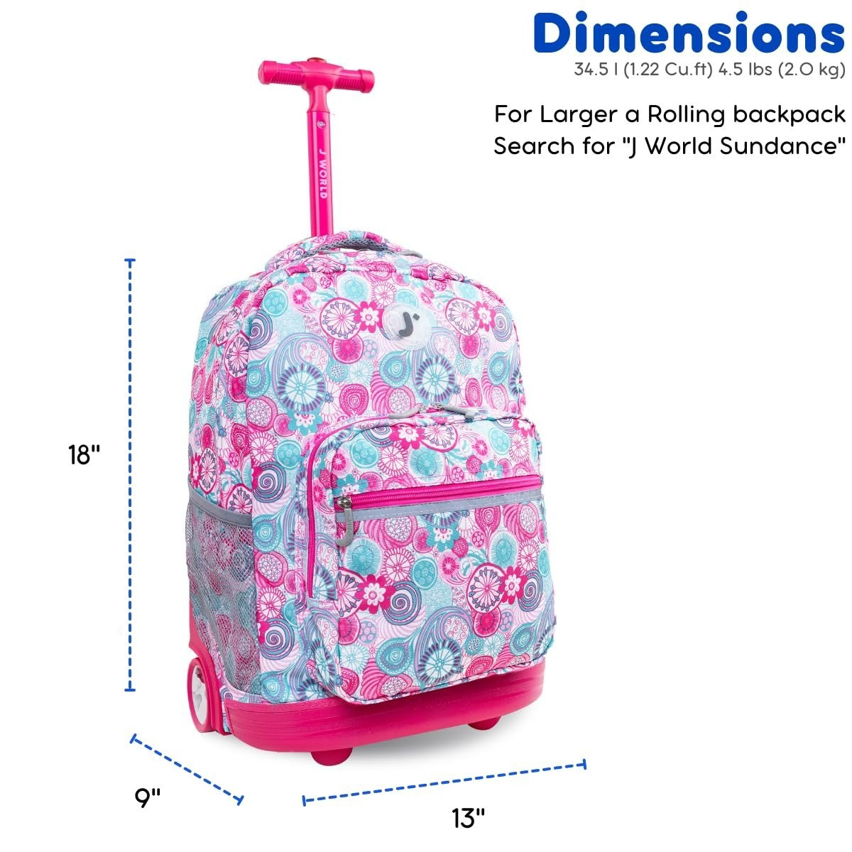 Rolling Backpack for Kids, 18" Lightweight Travel Bag, Blue Raspberry, School &2
