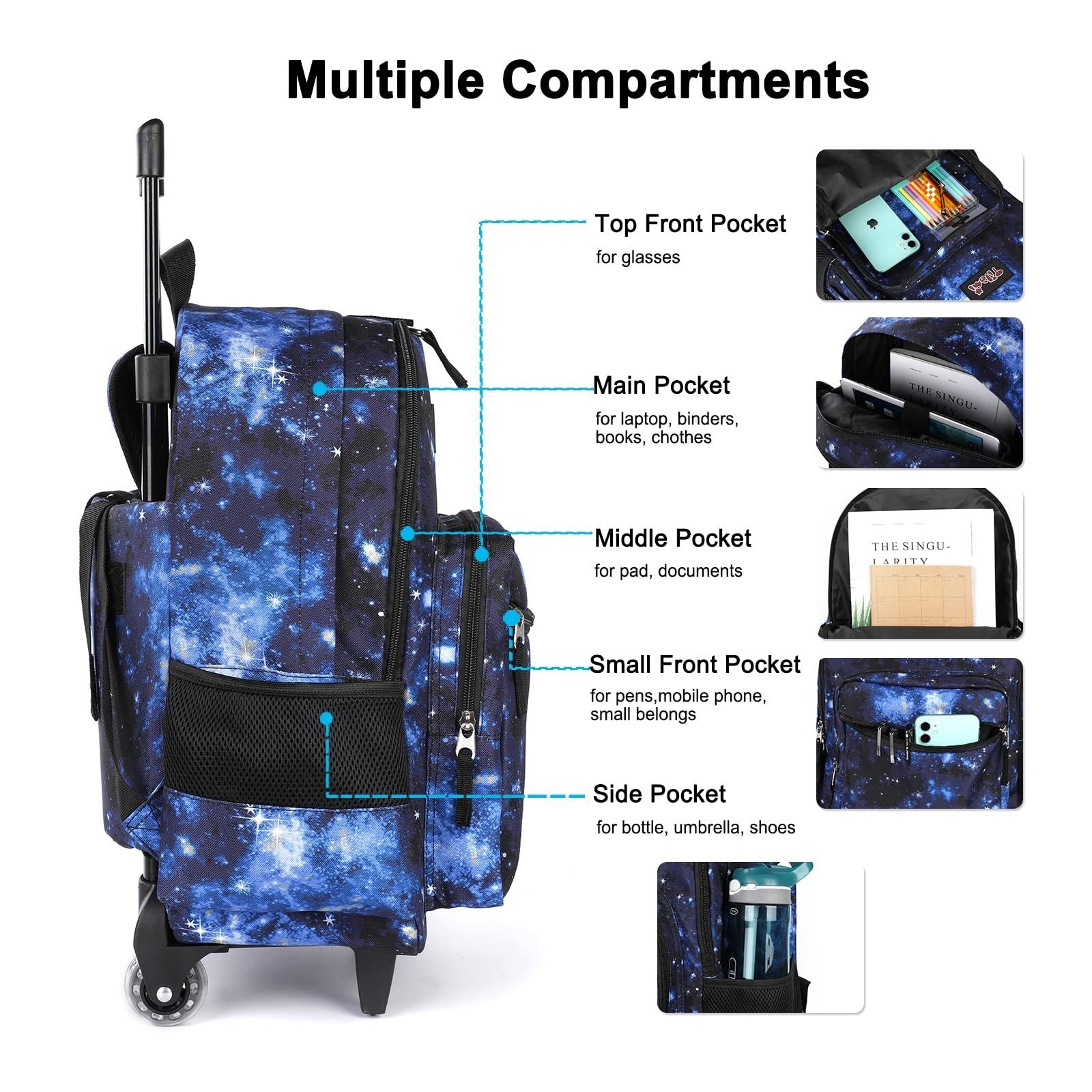 Wheeled Kids Backpack 18" with Lunch Bag, Double Handle, Galaxy Blue, Boys & Gir4