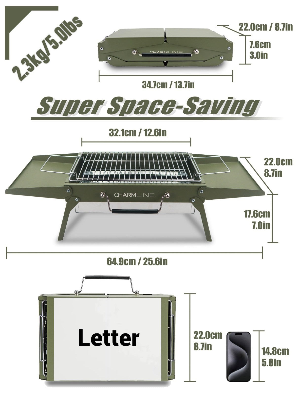 Compact Portable Charcoal BBQ Grill - 14"x9" Foldable Camping Grill for 1-3 Peop2