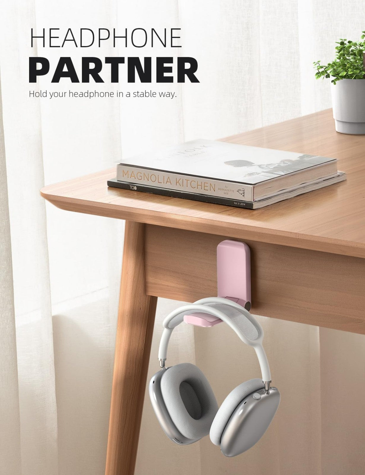 Adhesive Headphone Stand Hook Mount   Under Desk Headset Holder Clip, Pink2