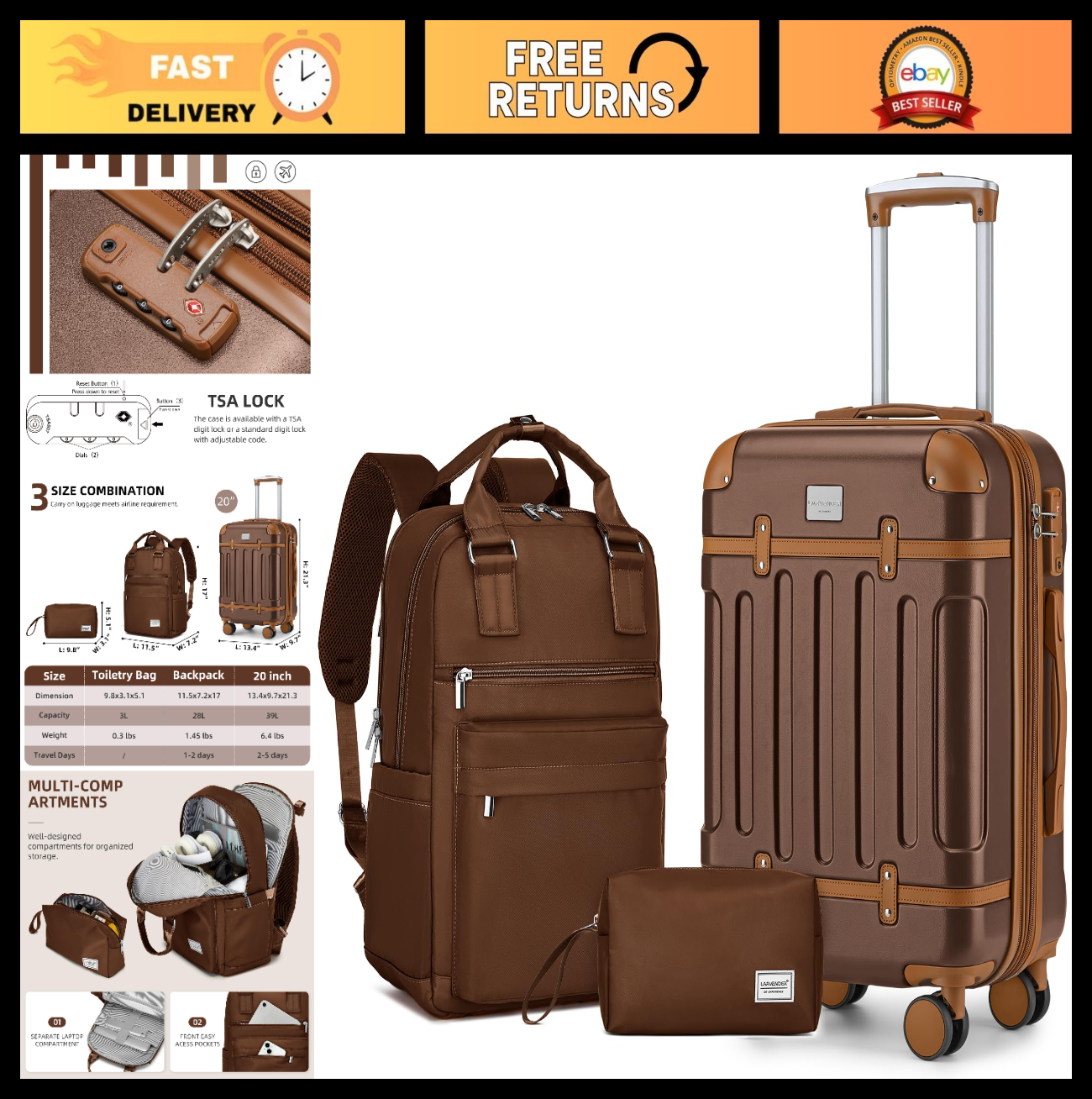 Expandable 3-Piece Carry-On Luggage Set | Airline Approved, 360° Spinner Wheels,0