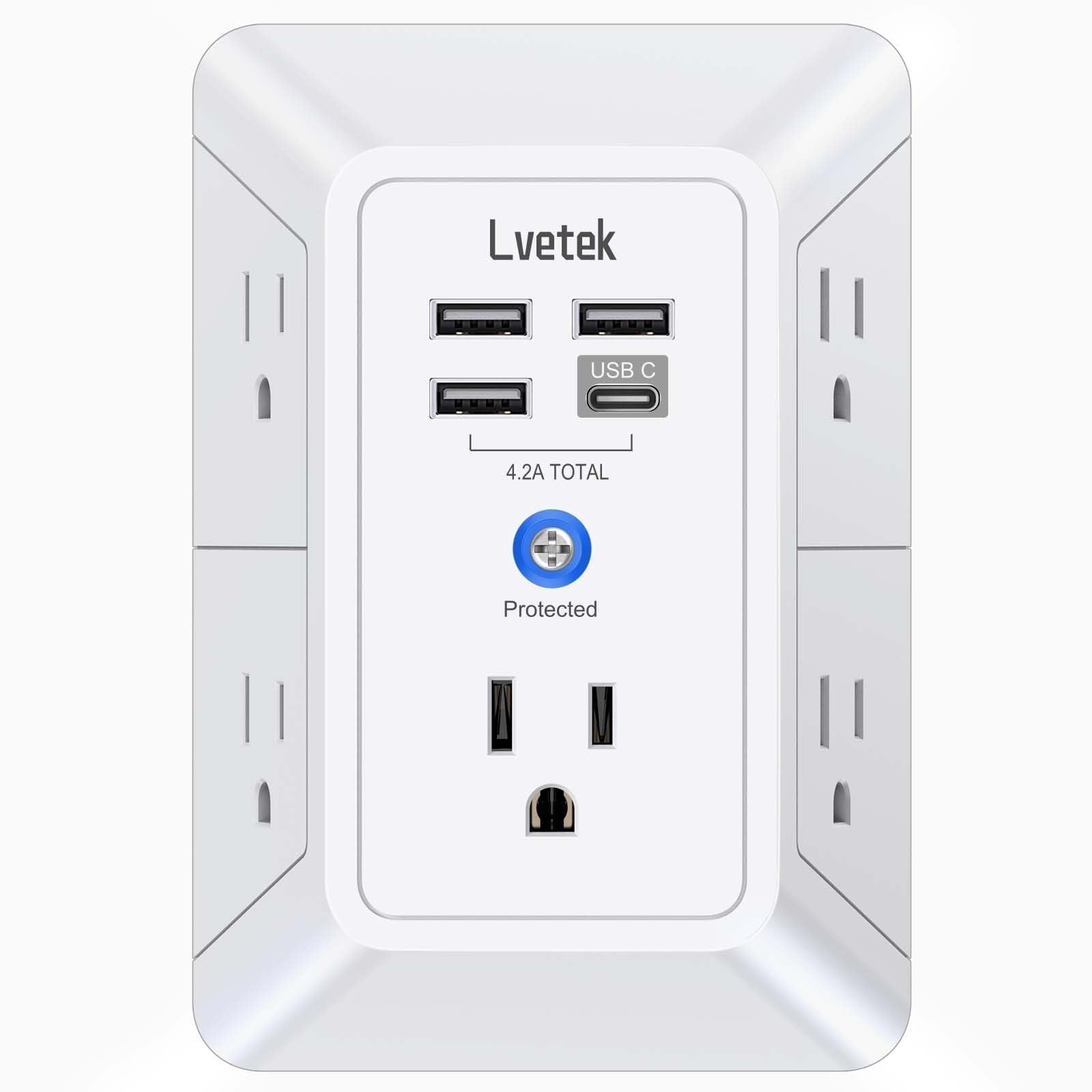 5-Outlet Wall Extender with 4 USB Ports & Surge Protection - Power Strip for Hom1