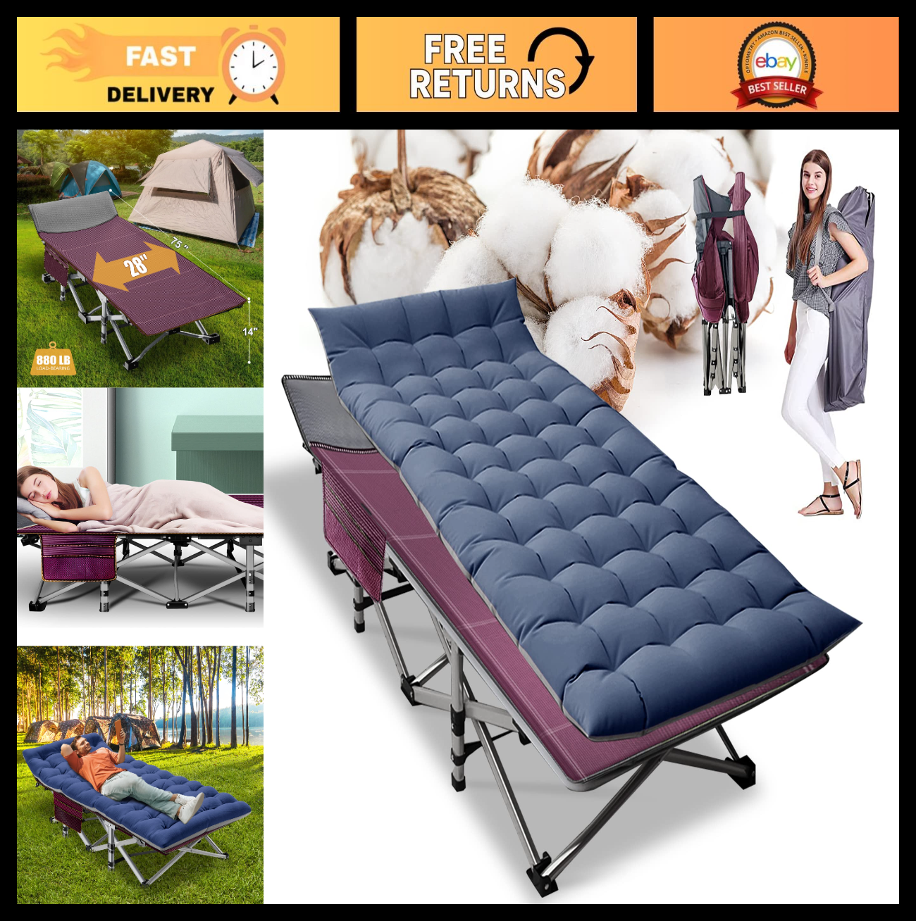 Folding Camping Cot for Adults   28" Wide Heavy Duty Bed, 800 lbs Capacity, Remo0