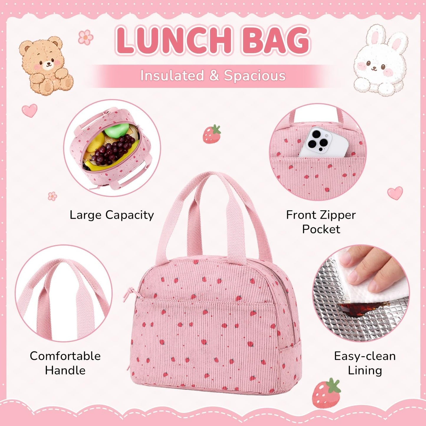 Cute Kawaii Corduroy Backpack Set for Girls - 3PCS School Bag, Lunch Box & Penci6