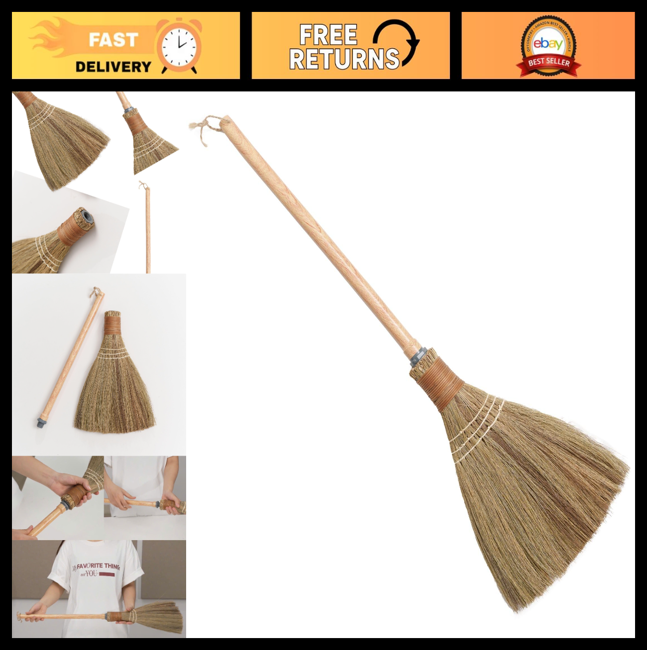Natural Handheld Broom - Vietnamese Straw Whisk for Indoor/Outdoor Cleaning - 9.0
