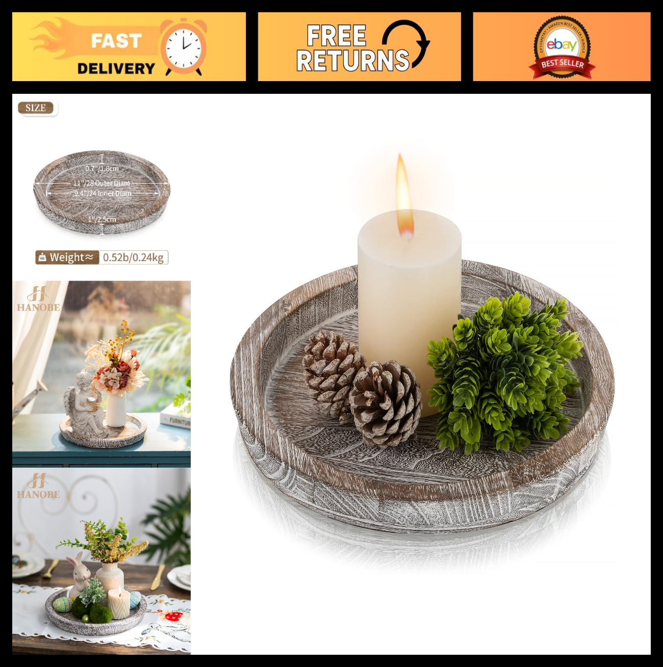 Round Wooden Decorative Tray - Candle Plate Holder for Coffee Table & Dining Roo0