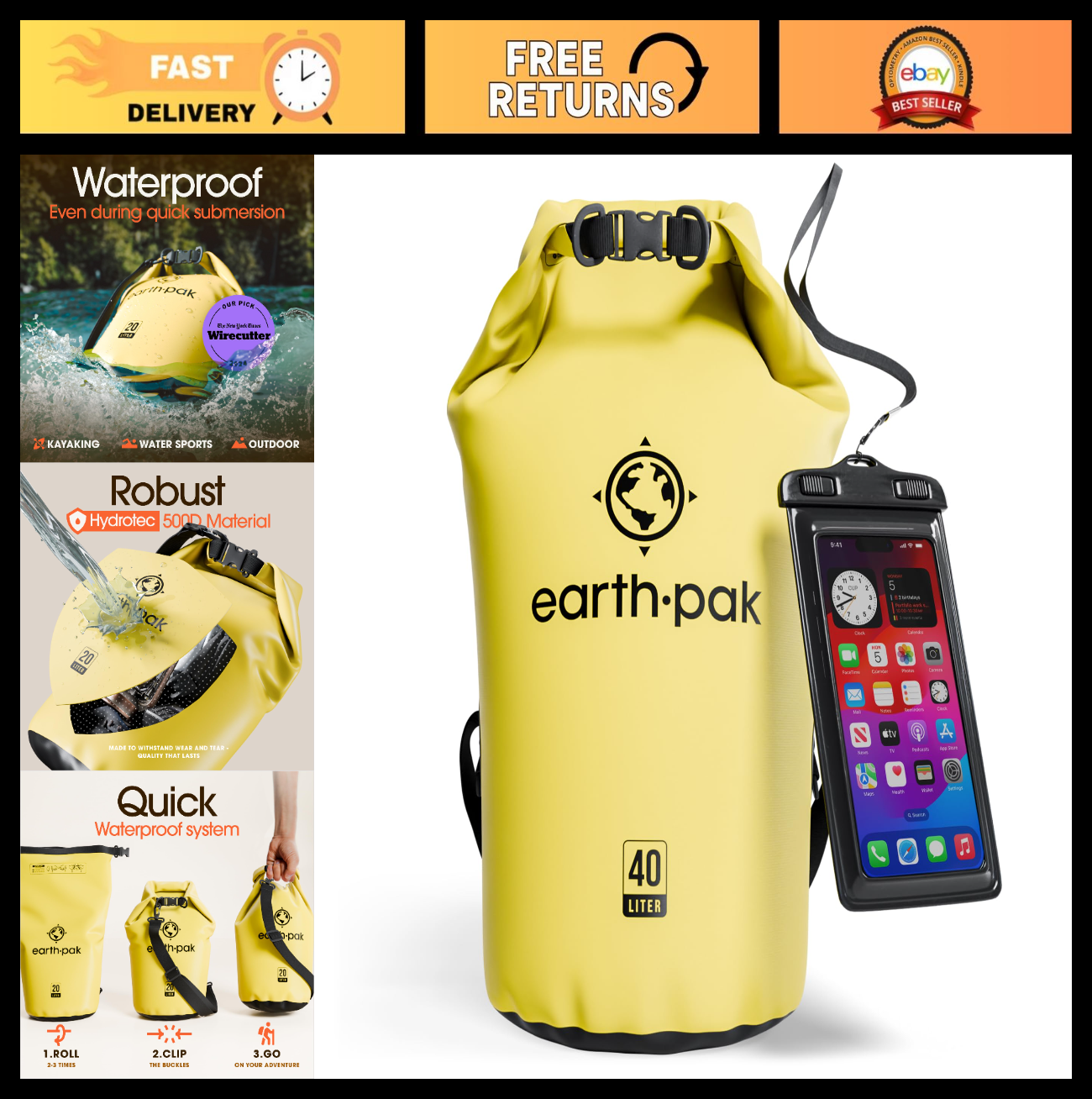 Waterproof Dry Bag Backpack   Roll Top Kayak Gear Sack with Phone Case, Keeps Ge0