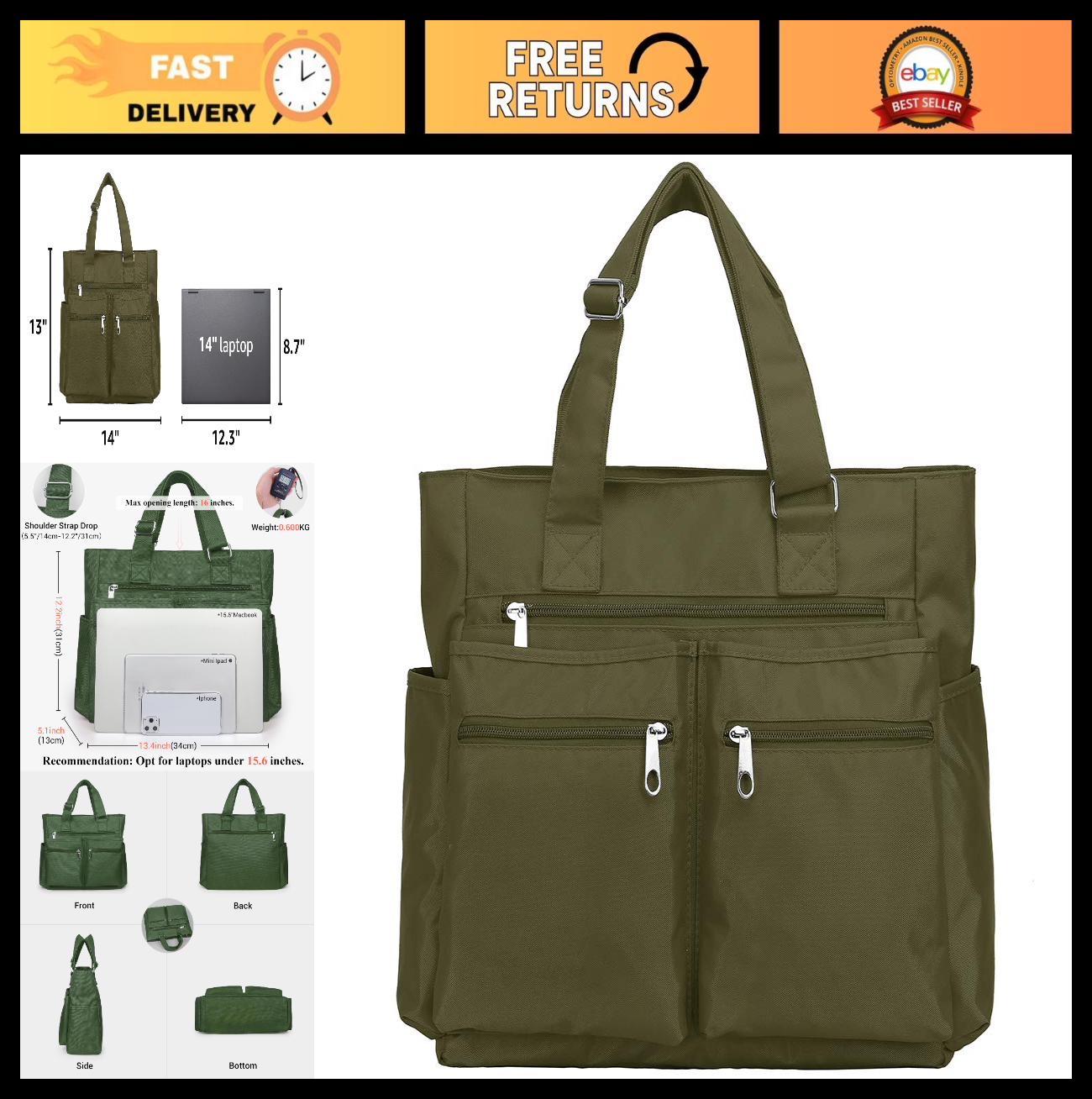 Waterproof Canvas Tote Bag - Multi Pocket Shoulder Bag for Work, School, Travel0