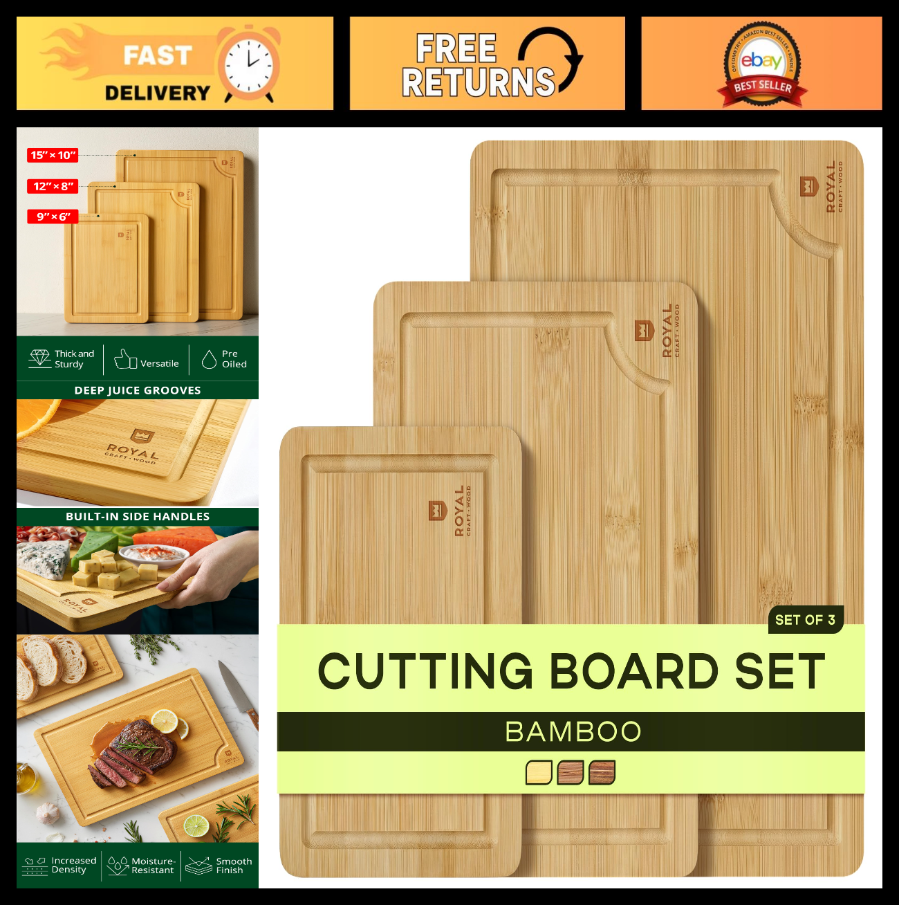 Wooden Cutting Boards Set   Bamboo Kitchen Prep & Serving Board with Juice Groov0