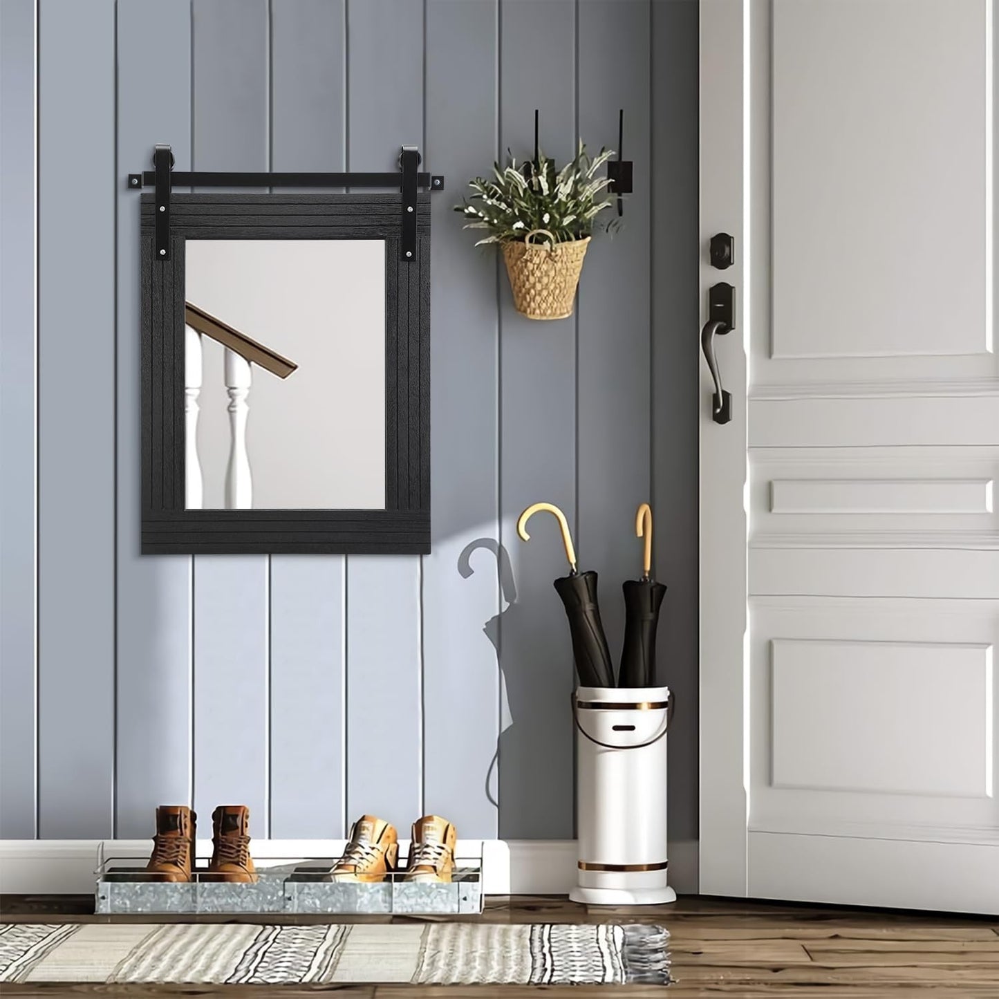Large Black Framed Rectangle Wall Mirror - Barn Door Style for Bathroom, Bedroom6