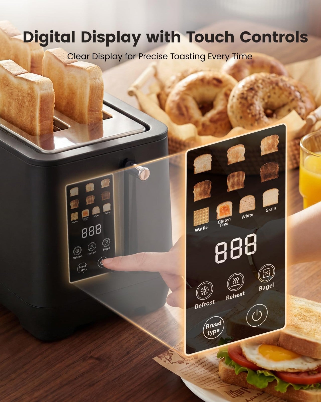 4 Slice Retro Toaster with Touch Screen, Extra Wide Slots, 6 Browning Levels, De2
