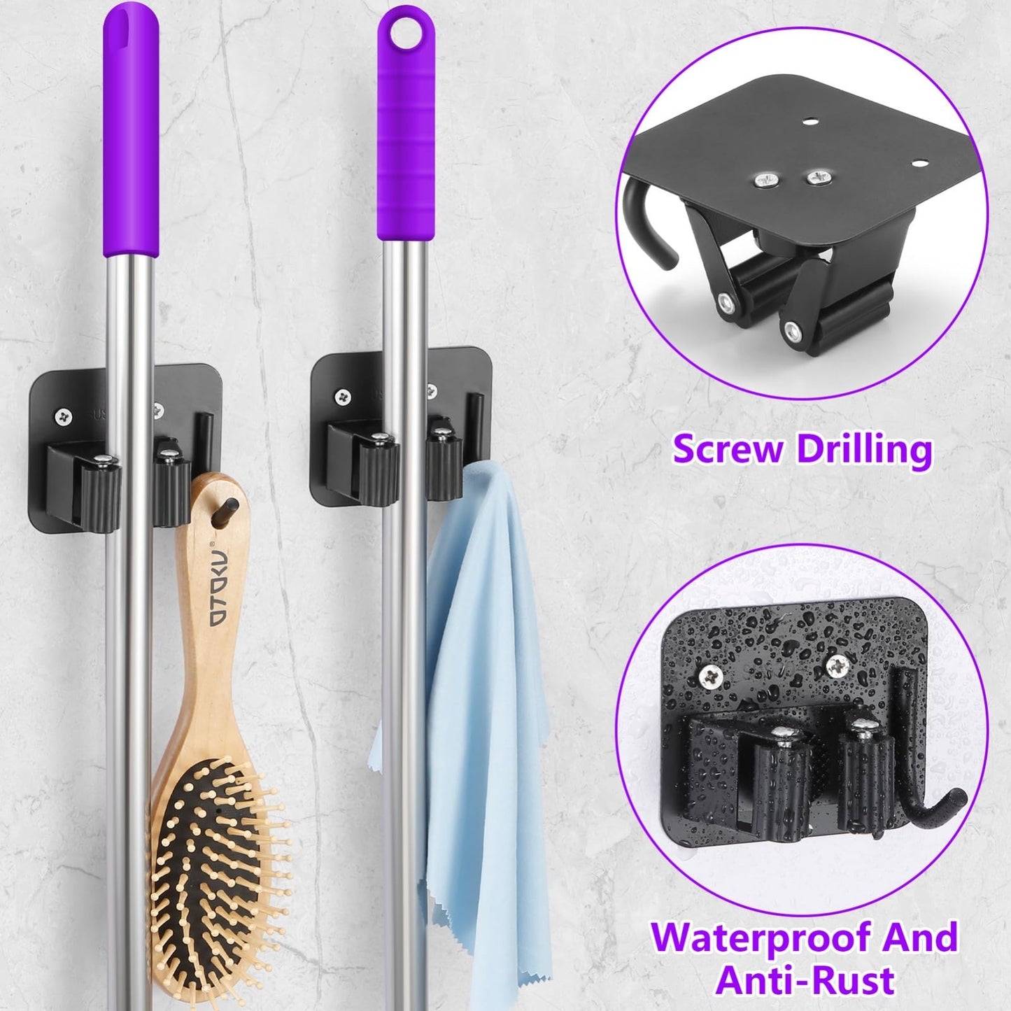 Heavy Duty Stainless Steel Broom Holder, Rust Resistant, 4 Gripper Positions & H3