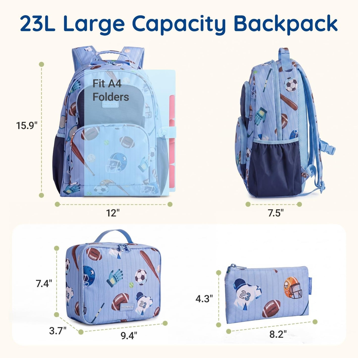 Kids Backpack Set 3PCS for School, Large Capacity 23L, Lightweight, Water-Resist2
