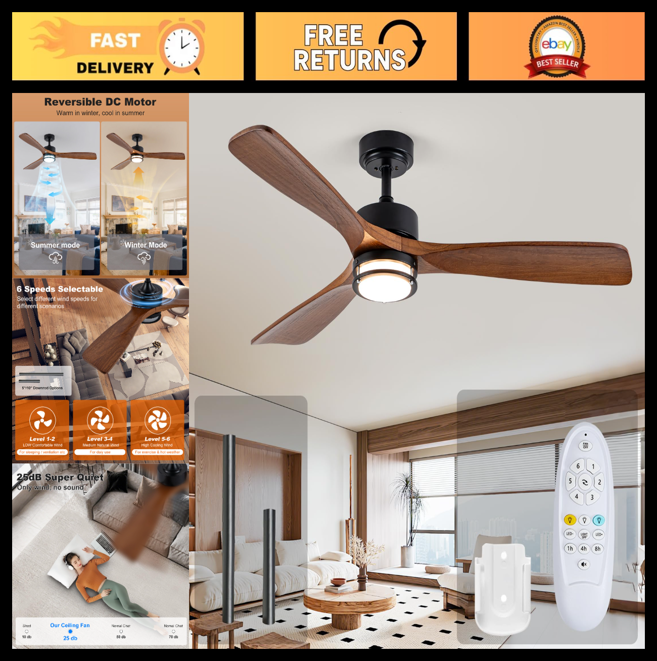 52” Outdoor Ceiling Fan with Light, Walnut Blades, Remote Control, Dimmable LED,0