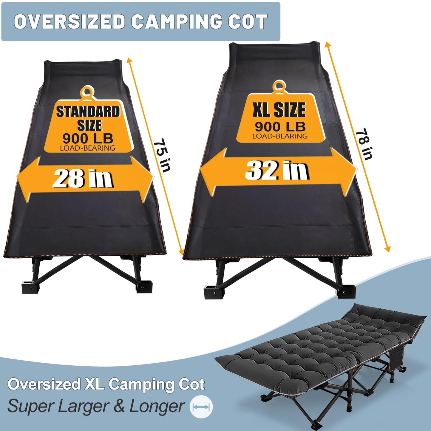 Oversized Folding Camping Cot for Adults, 32" Wide, 900 lbs Capacity, Includes P4