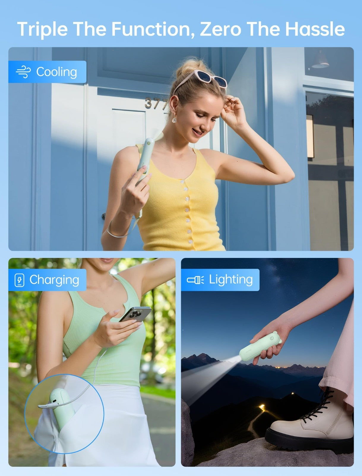 3 in 1 Portable Fan with Power Bank & Flashlight | USB Rechargeable, 19H Cooling2