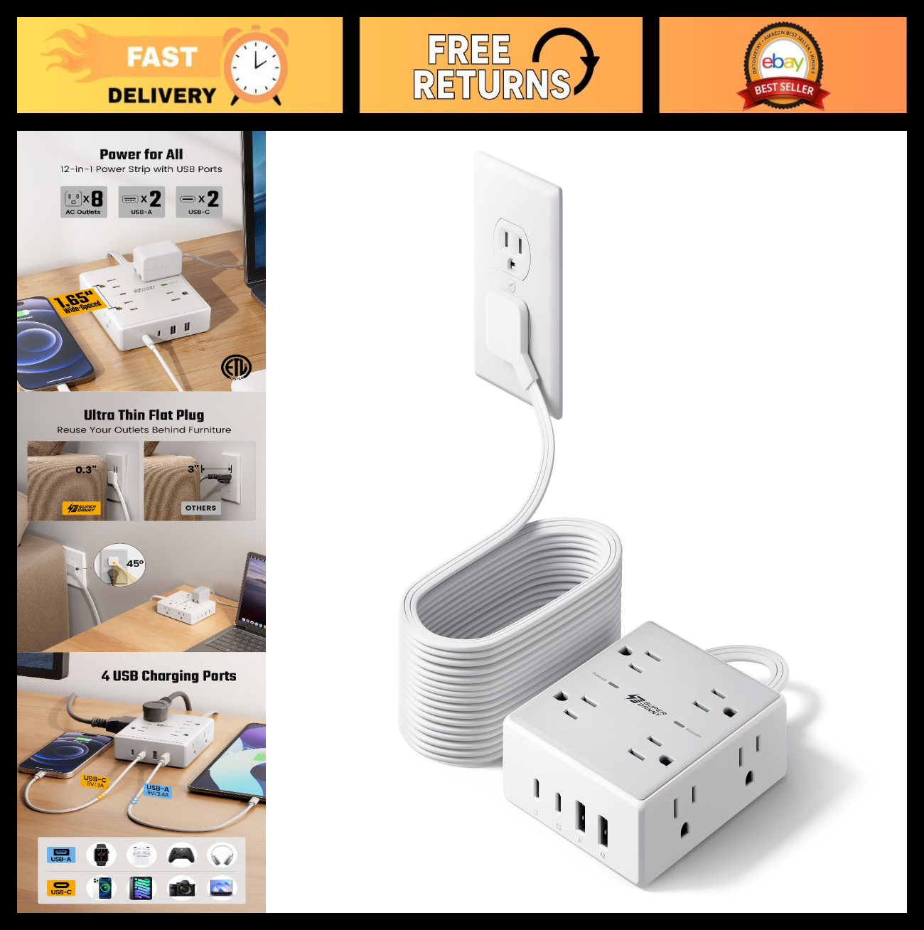 25Ft Flat Plug Extension Cord with Surge Protector Power Strip   Heavy Duty, 6 O0