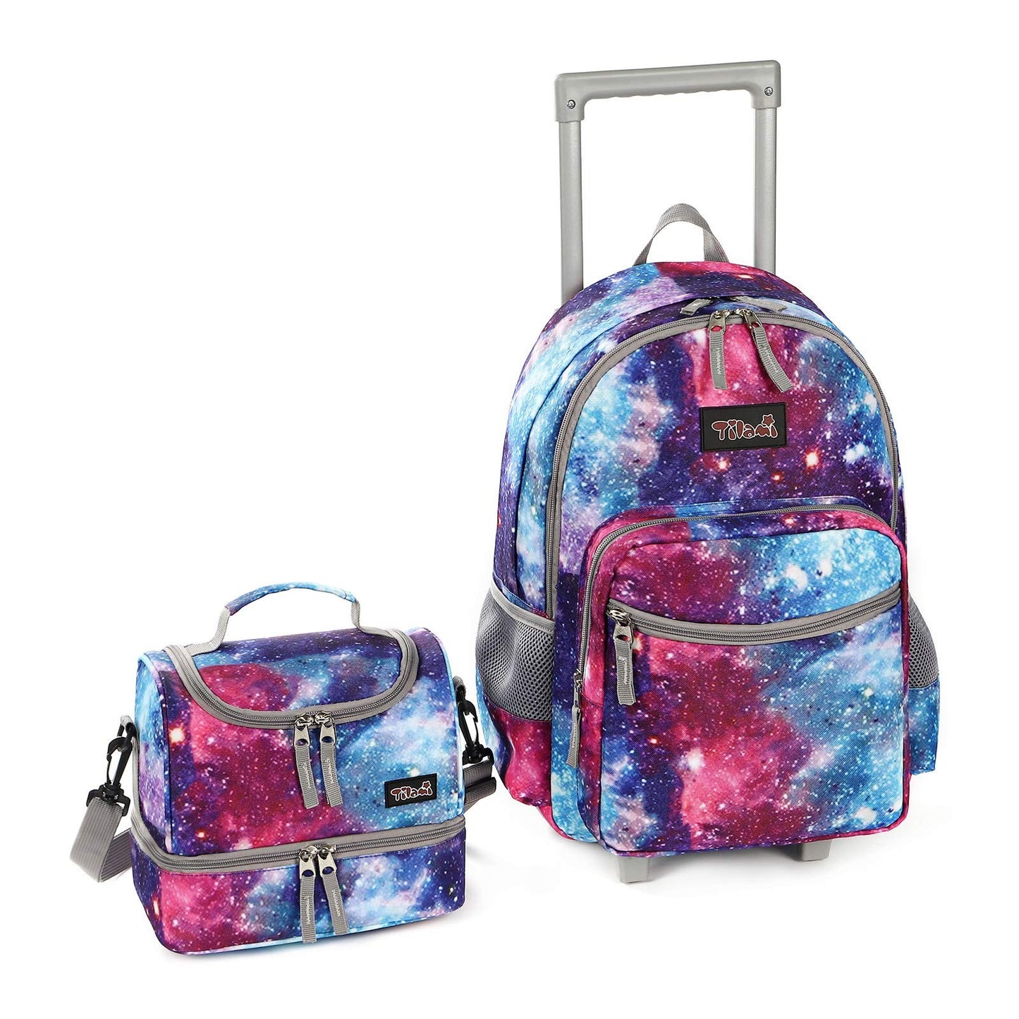 Wheeled Kids Rolling Backpack 18" with Lunch Bag, Double Handle, Galaxy Design1