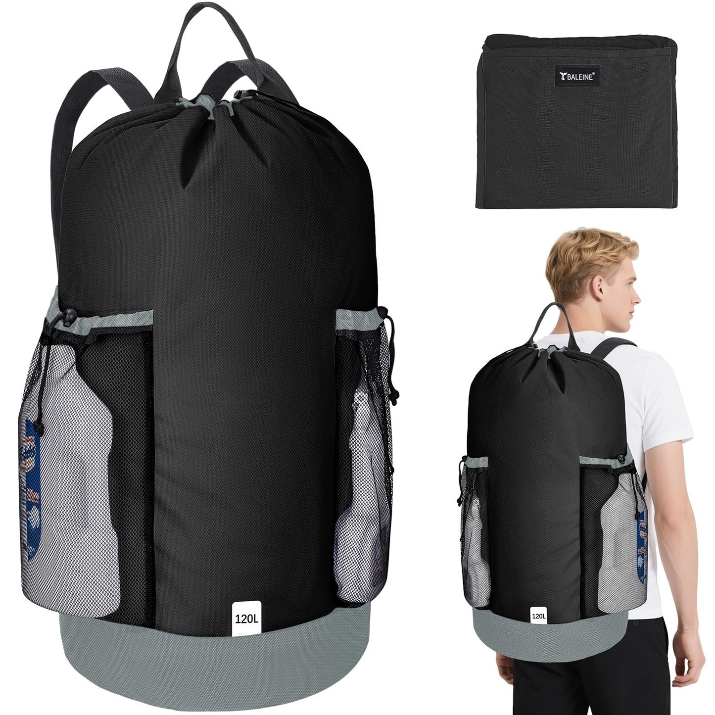 120L Large Laundry Backpack Bag - Durable 900D Oxford Fabric, Mesh Pockets, Idea1