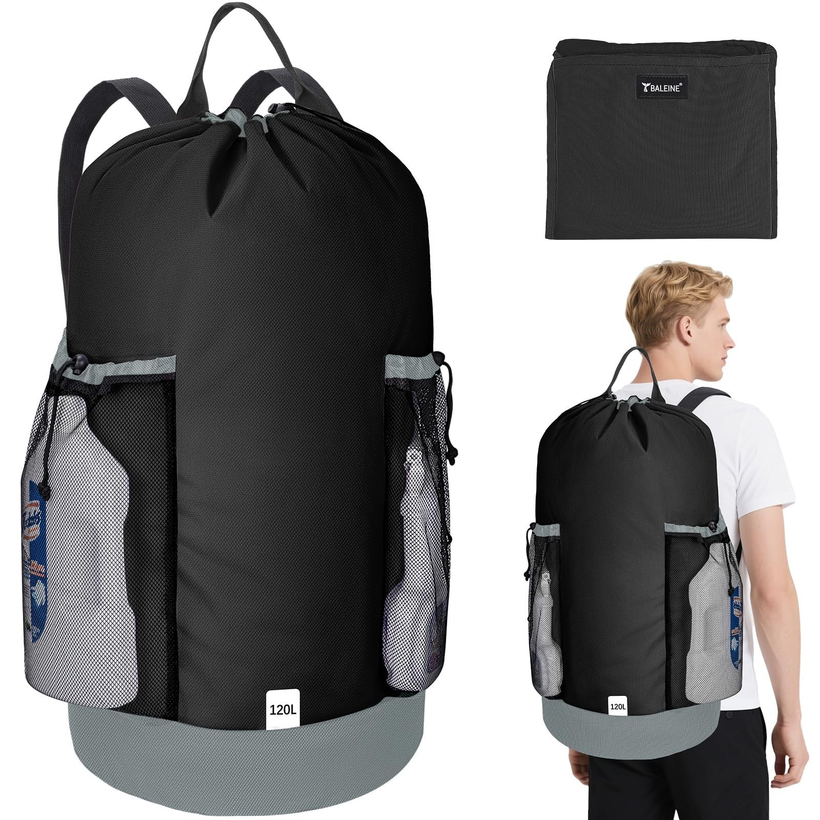 120L Large Laundry Backpack Bag - Durable 900D Oxford Fabric, Mesh Pockets, Idea1