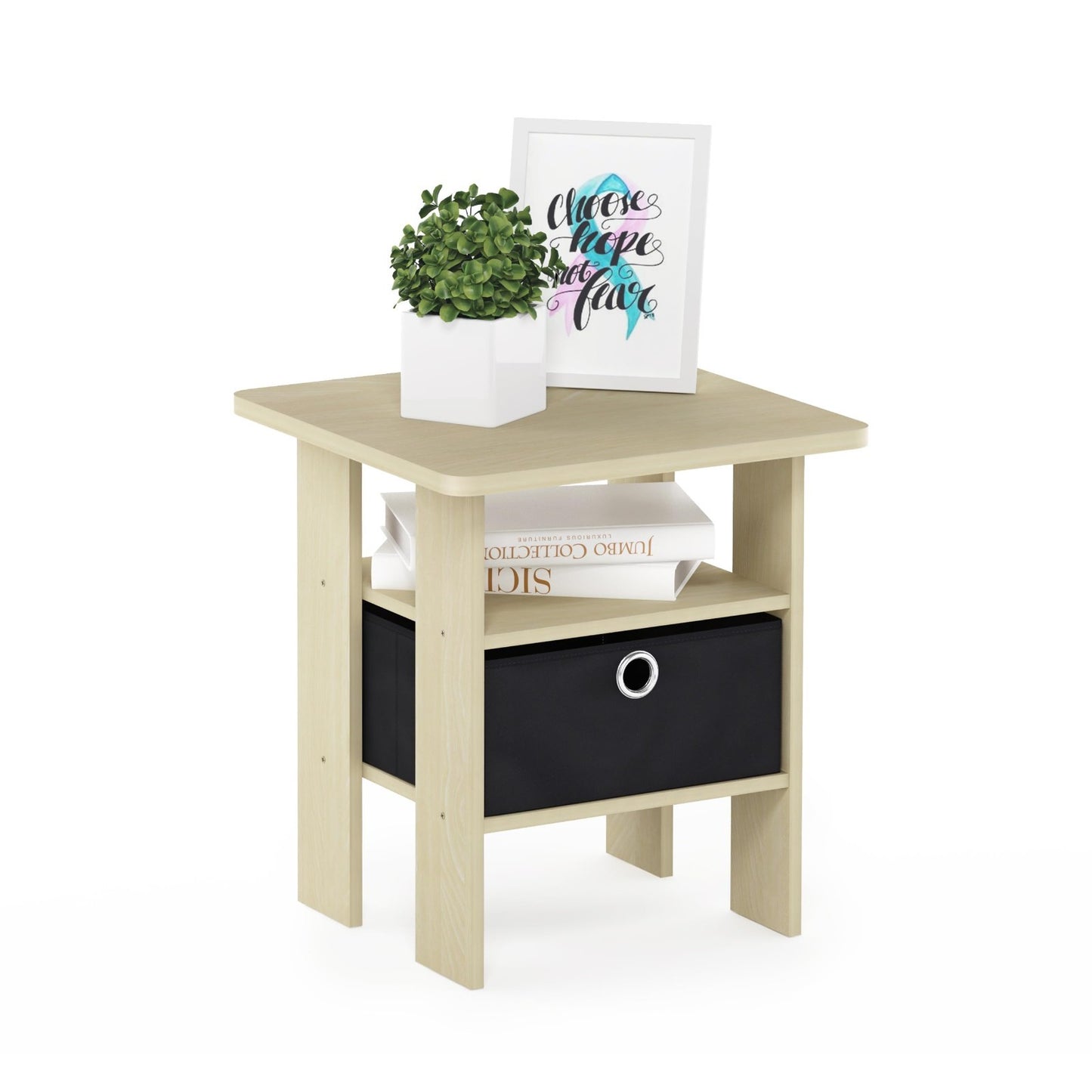 Modern Side Table with Open Shelves & Storage Bin - Versatile Nightstand for Liv1