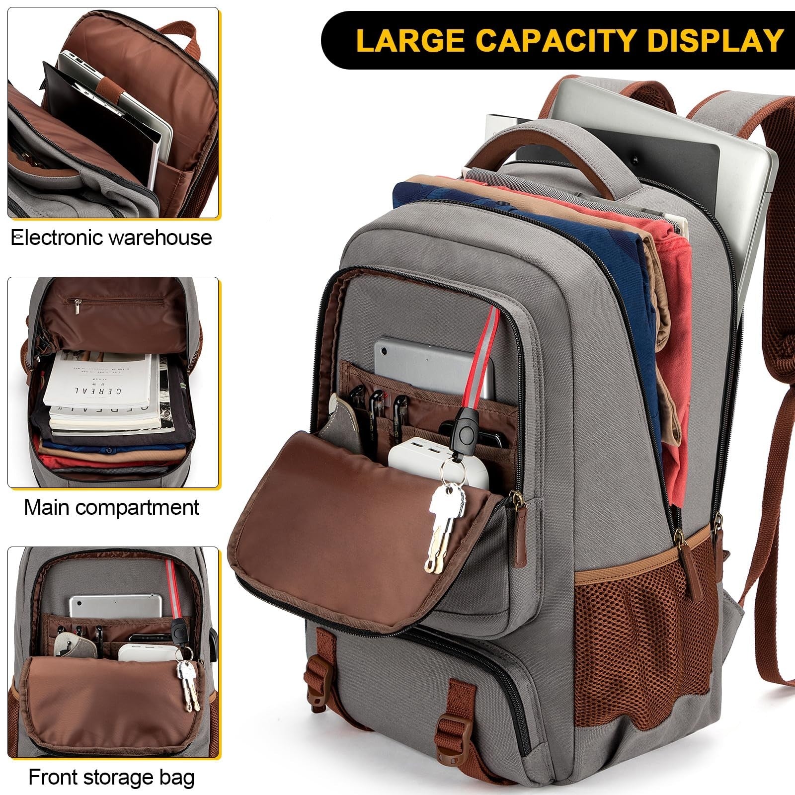 Large Capacity Canvas Laptop Backpack for Men & Women, Fits 15.6" Laptop, Travel3