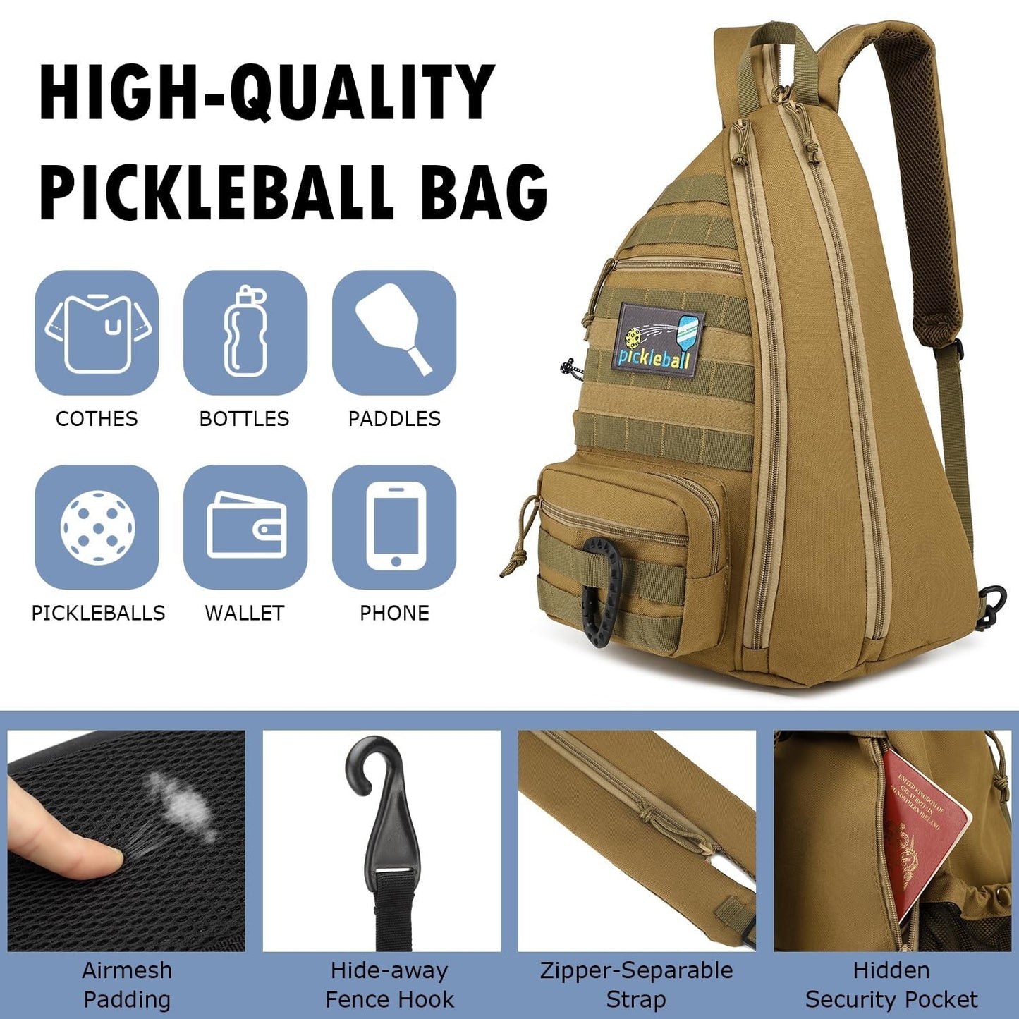Tactical Pickleball Backpack - Adjustable Sling Bag with Fence Hook & Water Bott5
