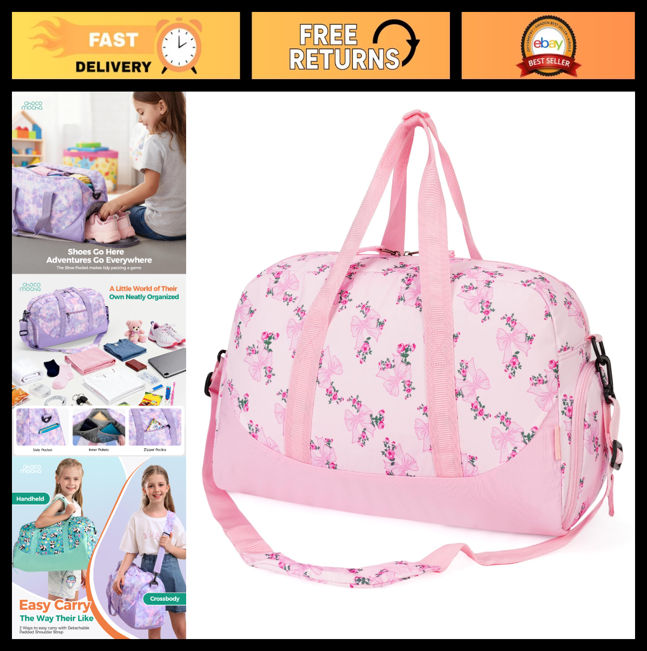 Girls Pink Bow Duffle Bag - Large Overnight Travel Bag with Shoes Compartment, S0