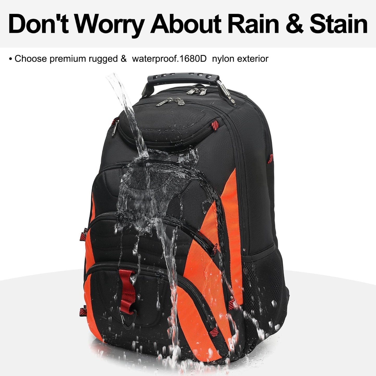 17.3" Waterproof Laptop Backpack with USB Port, Anti Theft Travel Bag, Black/Ora5