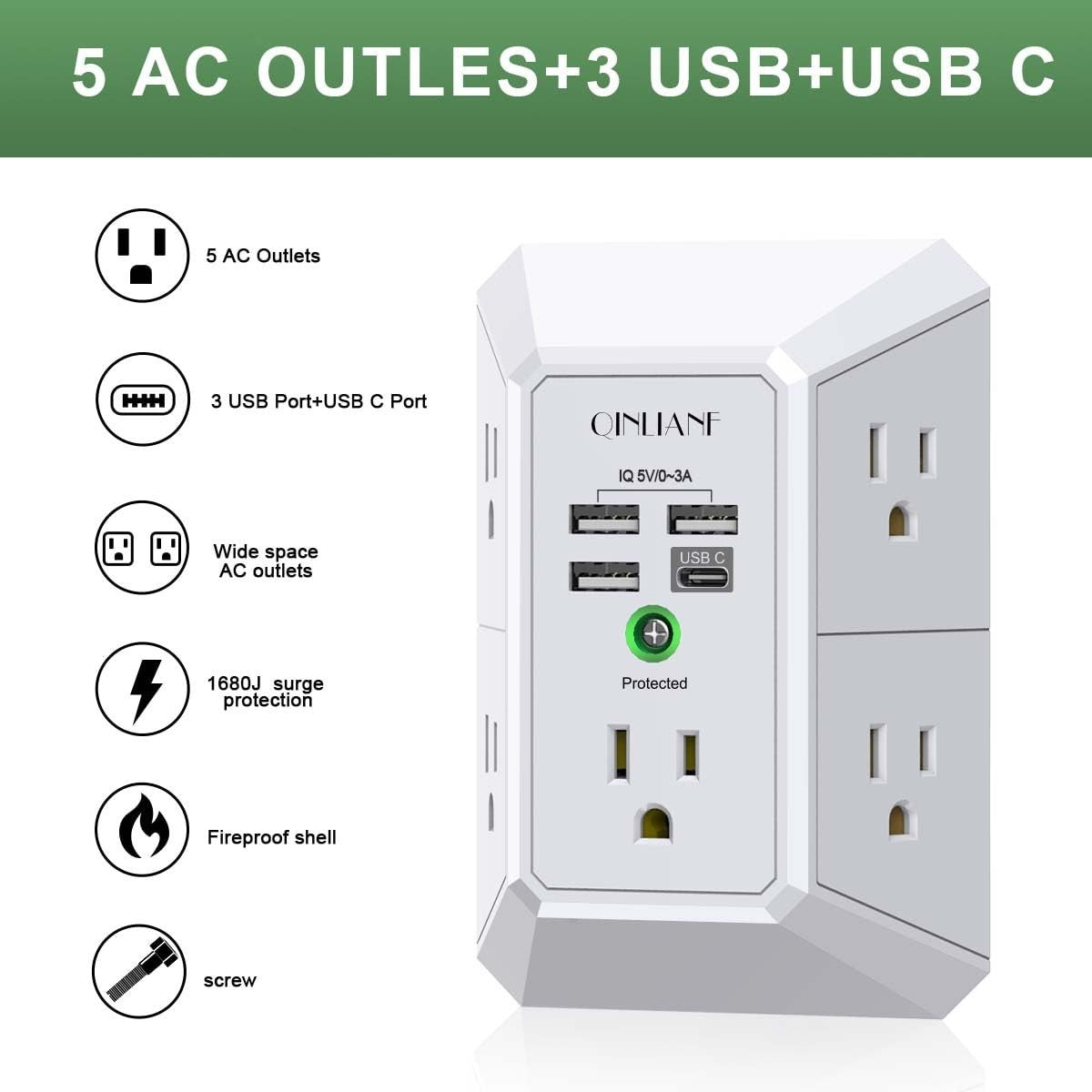 5 Outlet Wall Charger Surge Protector with 4 USB Ports, 3 Sided Power Strip for1